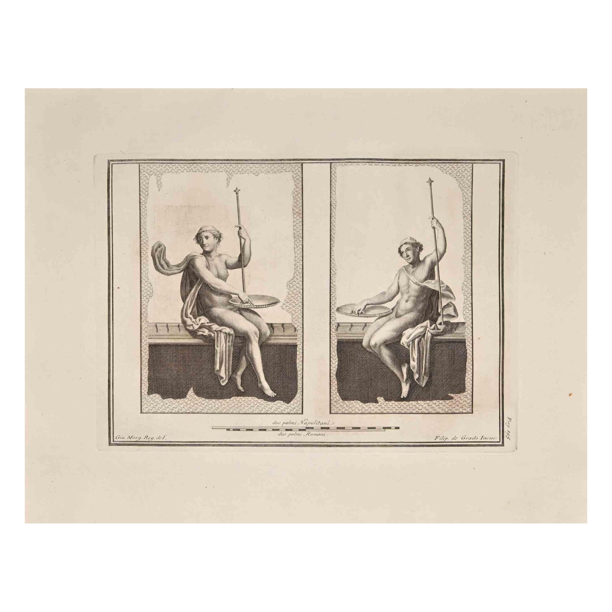 Guglielmo Morghen Figurative Print - Ancient Roman Fresco Herculaneum - Original Etching G. Morghen  - 18th Century