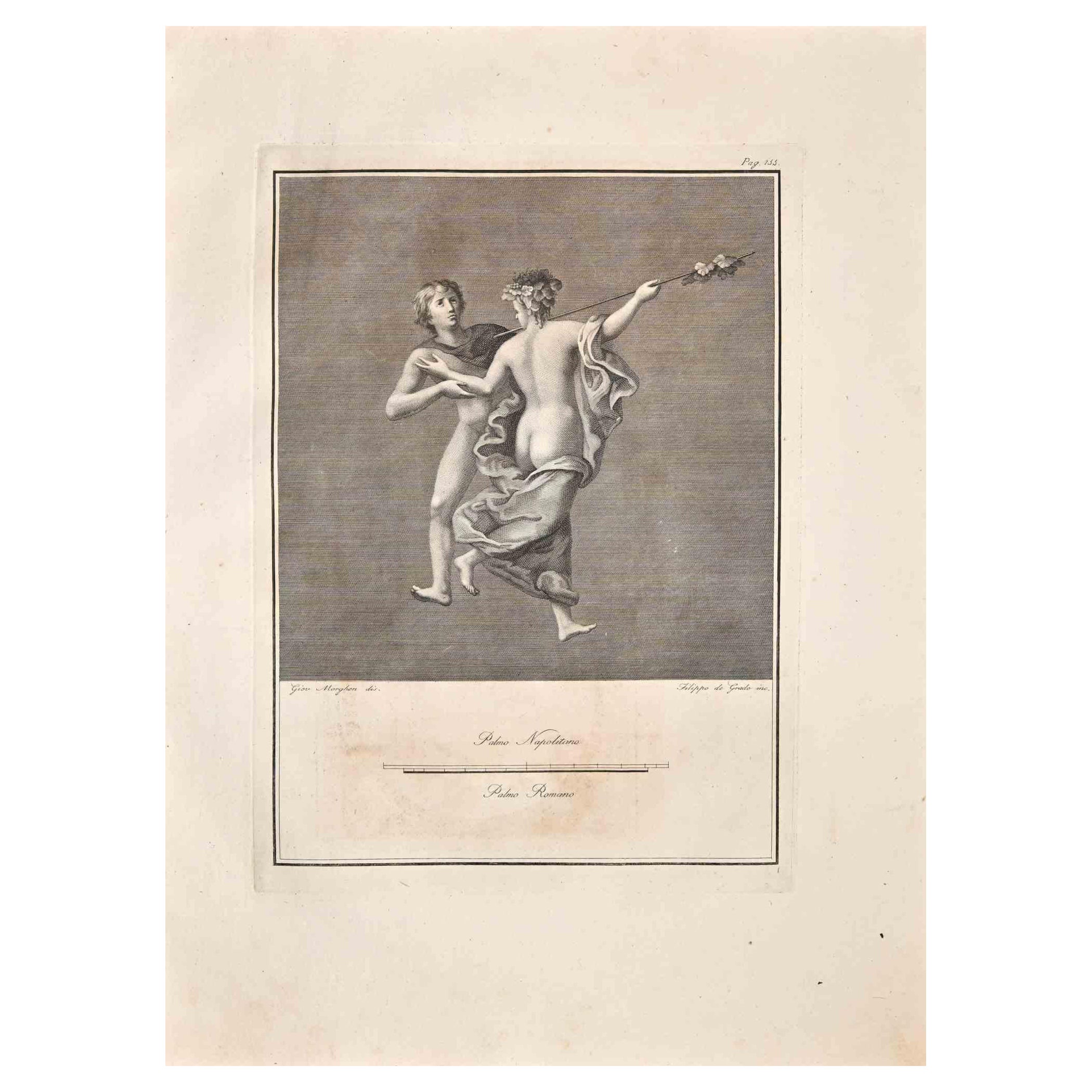 Guglielmo Morghen Figurative Print - Ancient Roman Fresco Herculaneum - Original Etching G. Morghen  - 18th Century