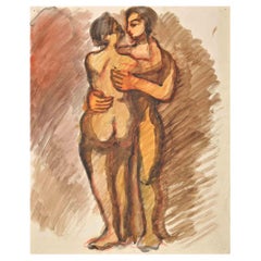 Retro Couple - Original Watercolour by Jean Delpech - Mid 20th century