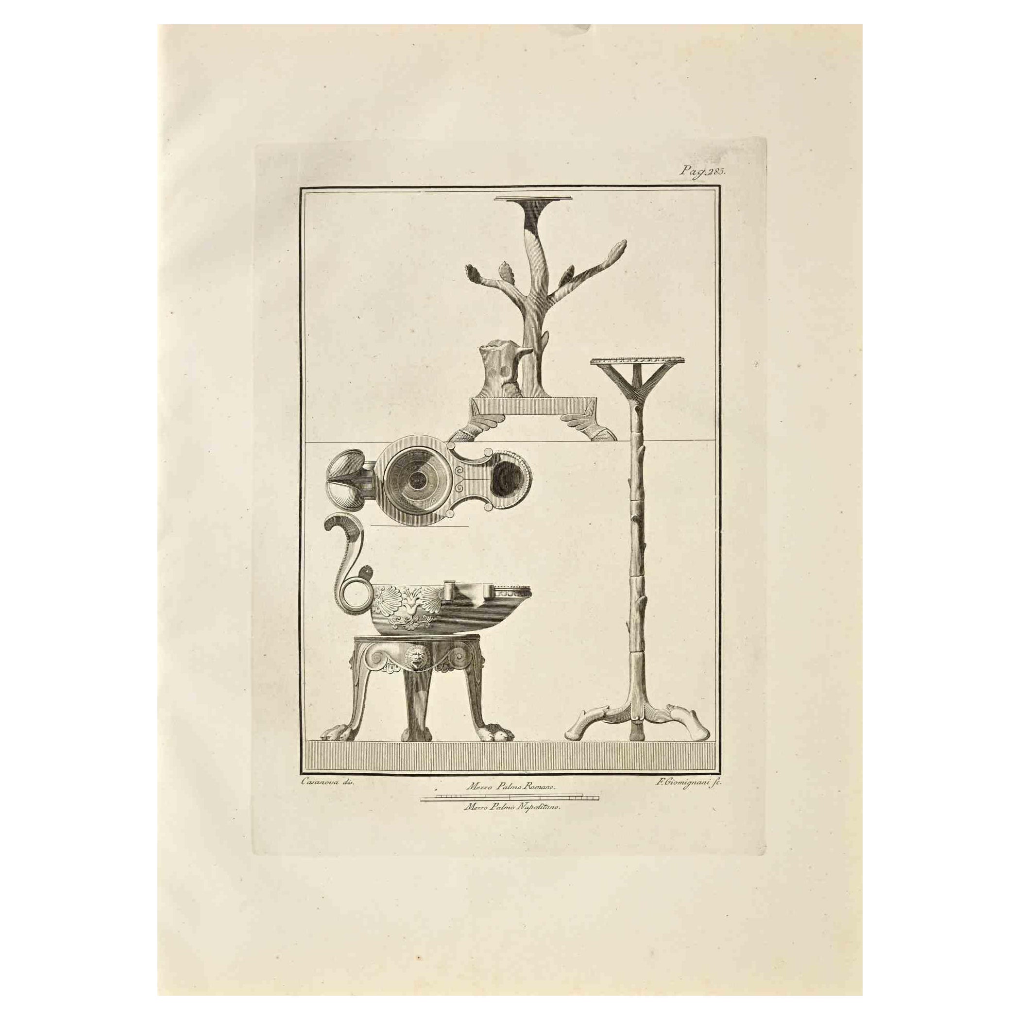 Figurative Print Giovanni Elia Morghen - Ancienne gravure romaine Fresco Herculaneum d'origine de G. Morghen  XVIIIe siècle