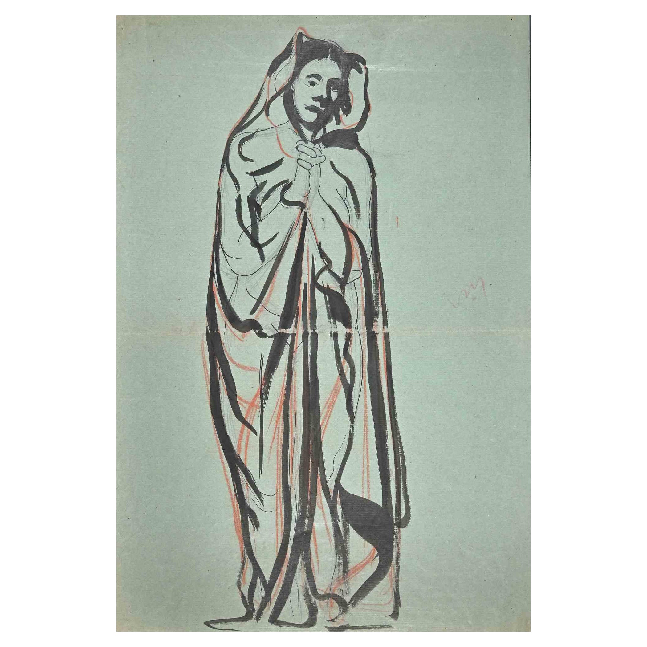 Frau – Original-Aquarell von Jean Delpech – Mitte des 20. Jahrhunderts