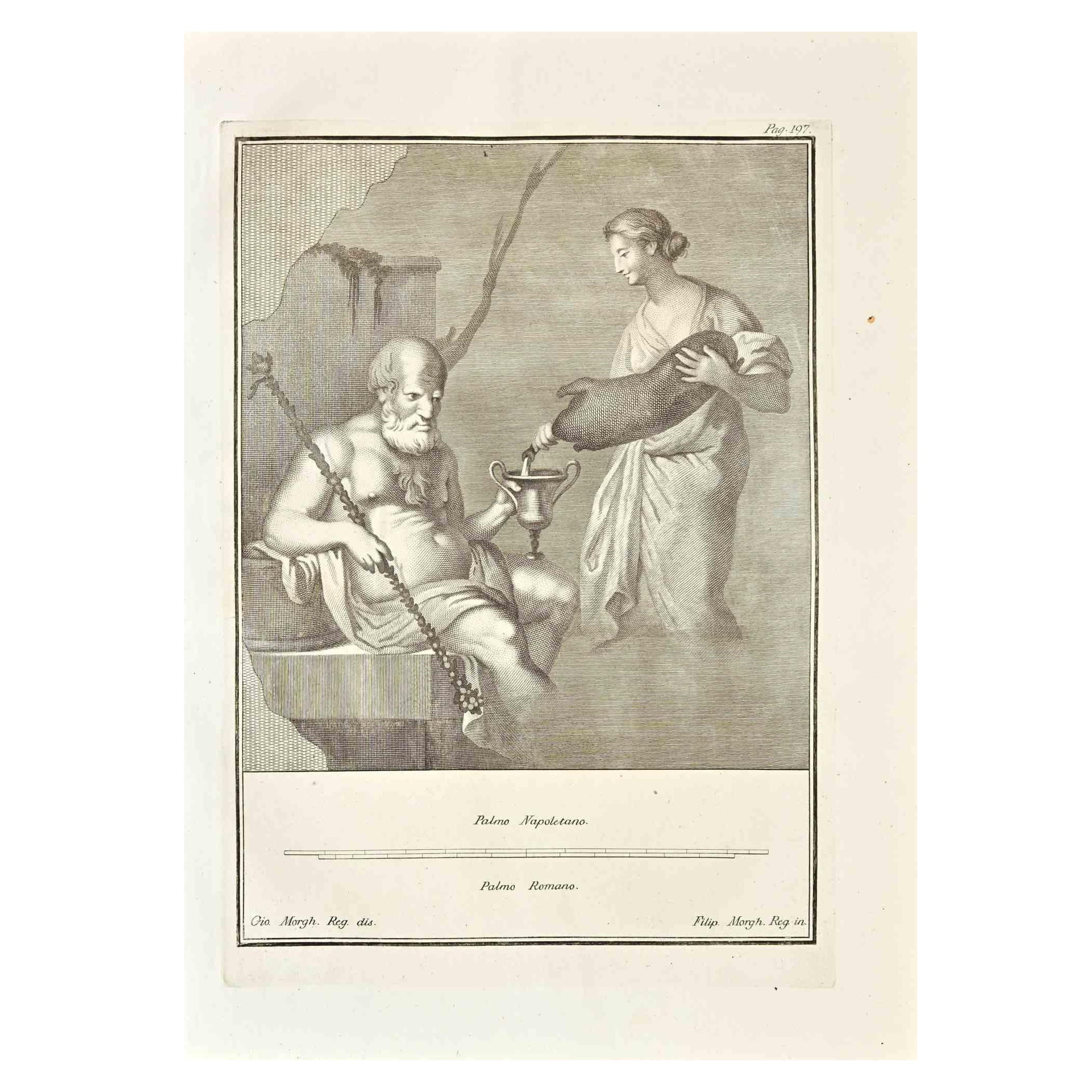Giovanni Elia Morghen Figurative Print - Ancient Roman Fresco Herculaneum - Original Etching G. Morghen  - 18th Century