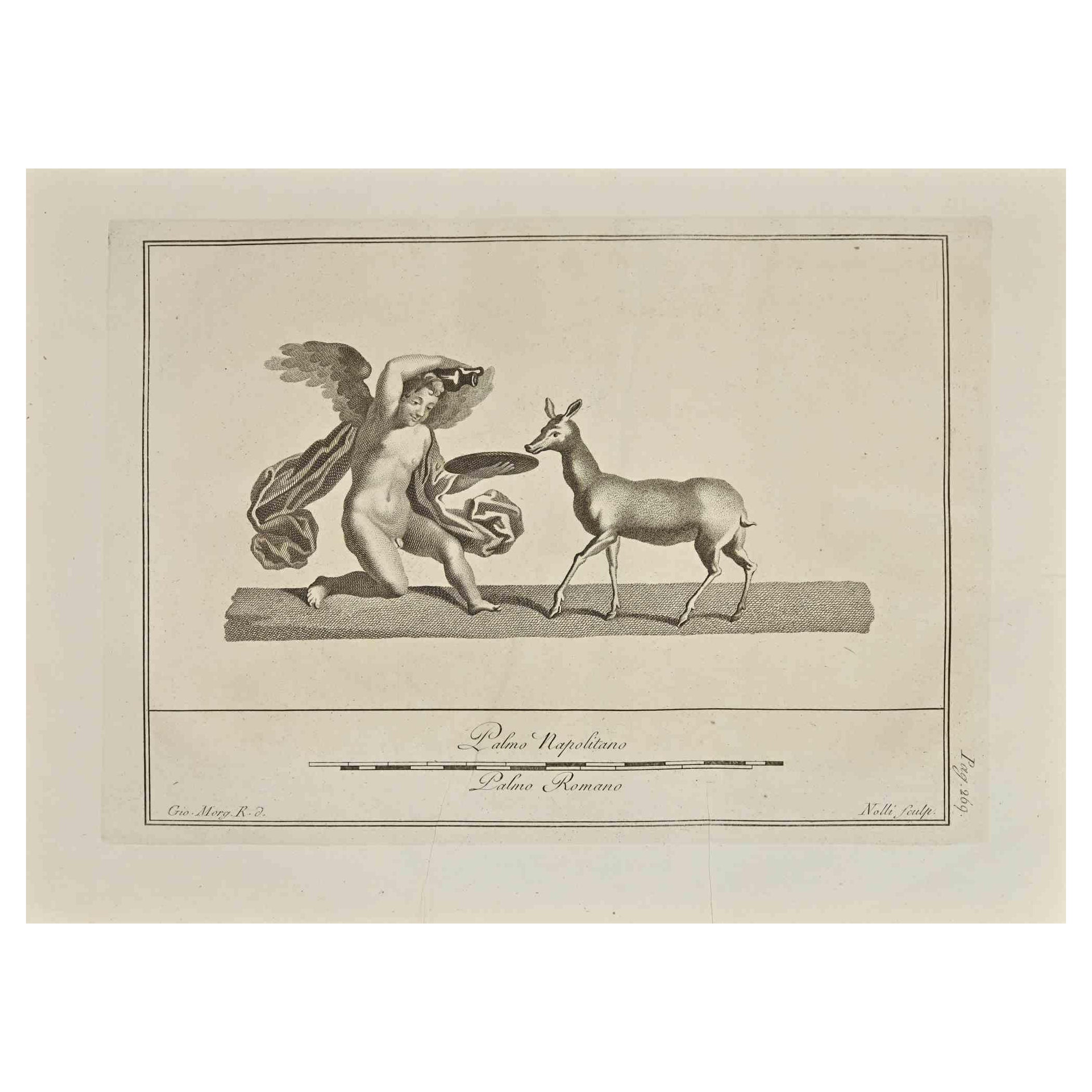 Giovanni Elia Morghen Animal Print - Ancient Roman Fresco Herculaneum - Original Etching G. Morghen  - 18th Century