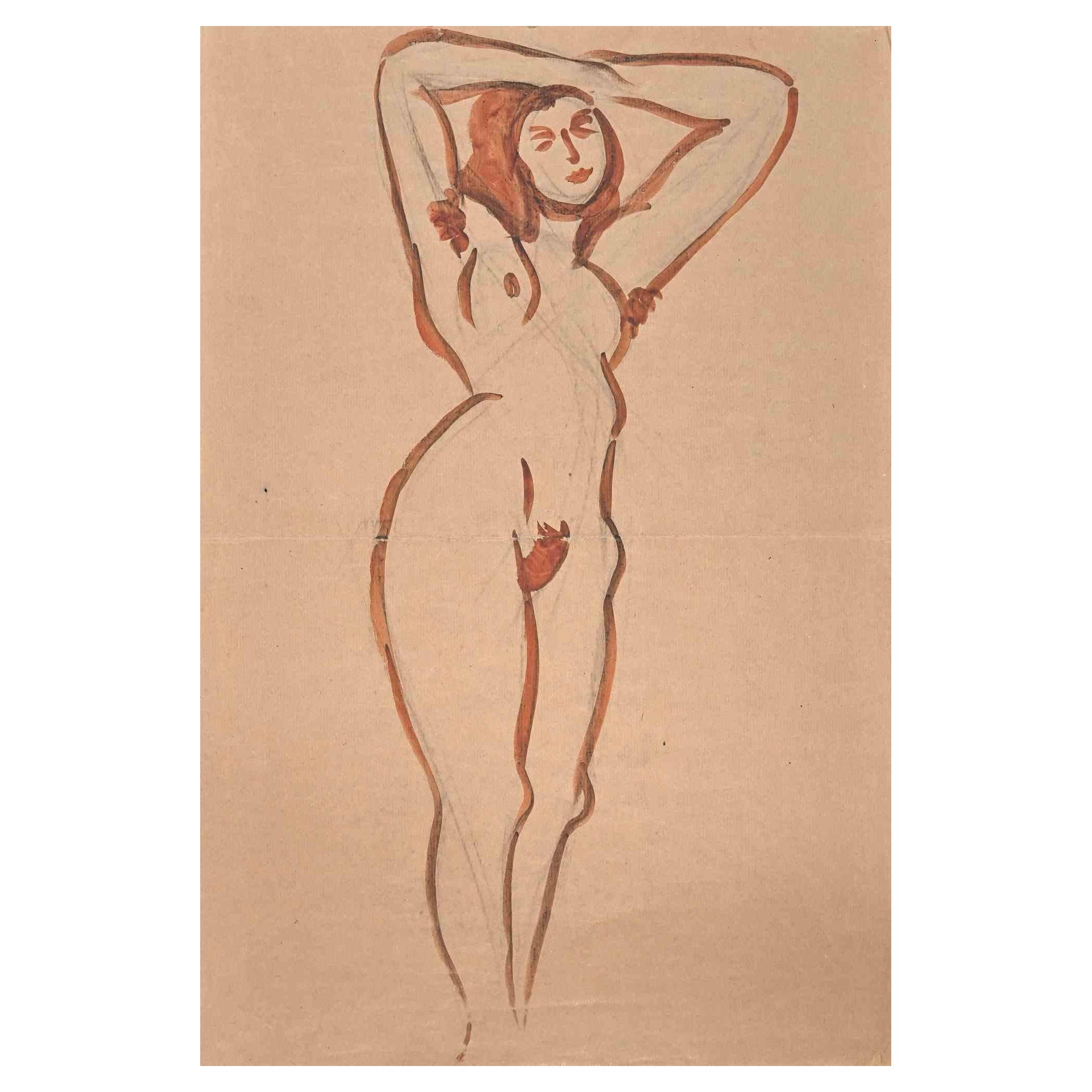 Aquarelle d'origine nue de Jean Delpech - Milieu du XXe siècle