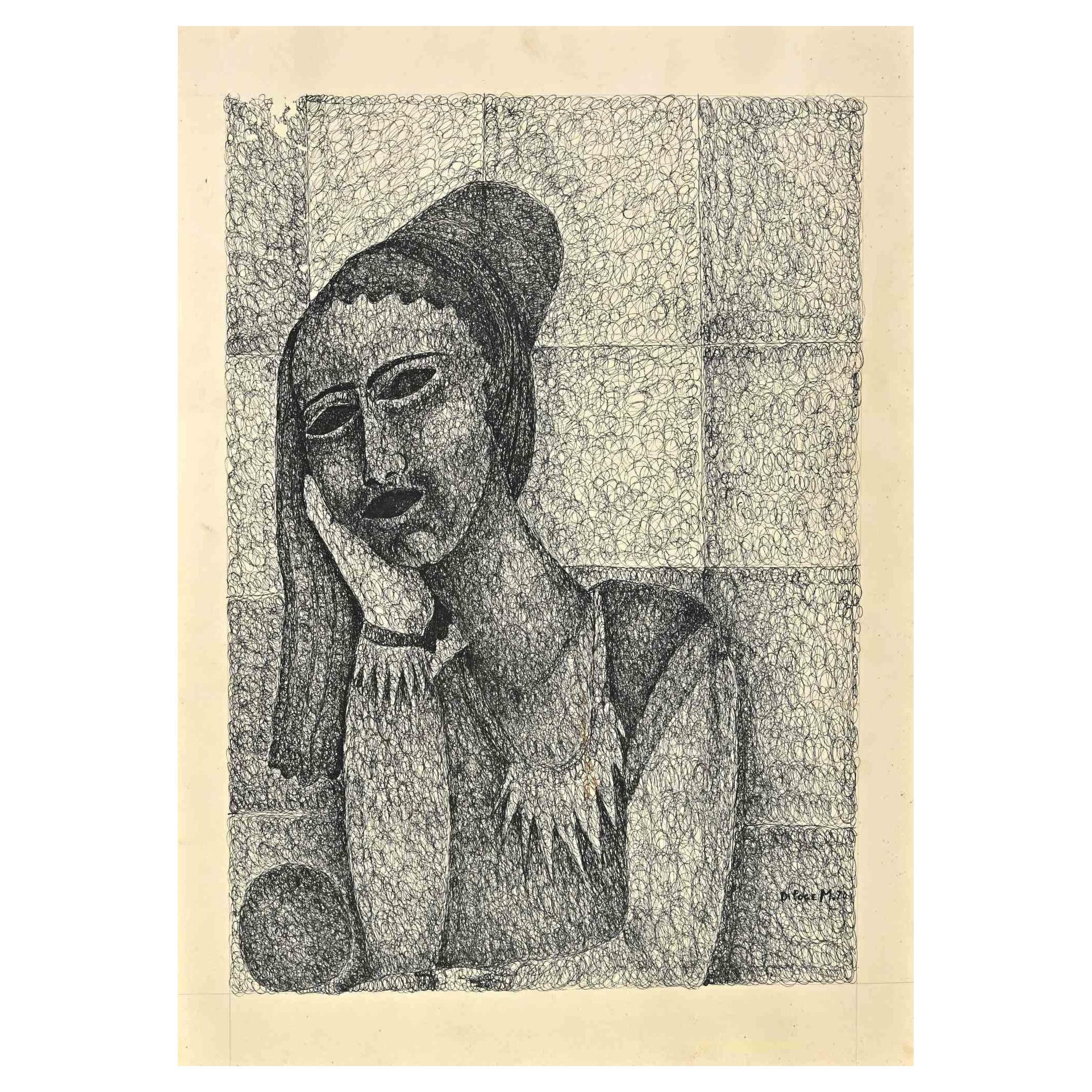 Massimo Di Poce Figurative Art - Wait - Original Drawing - 1971