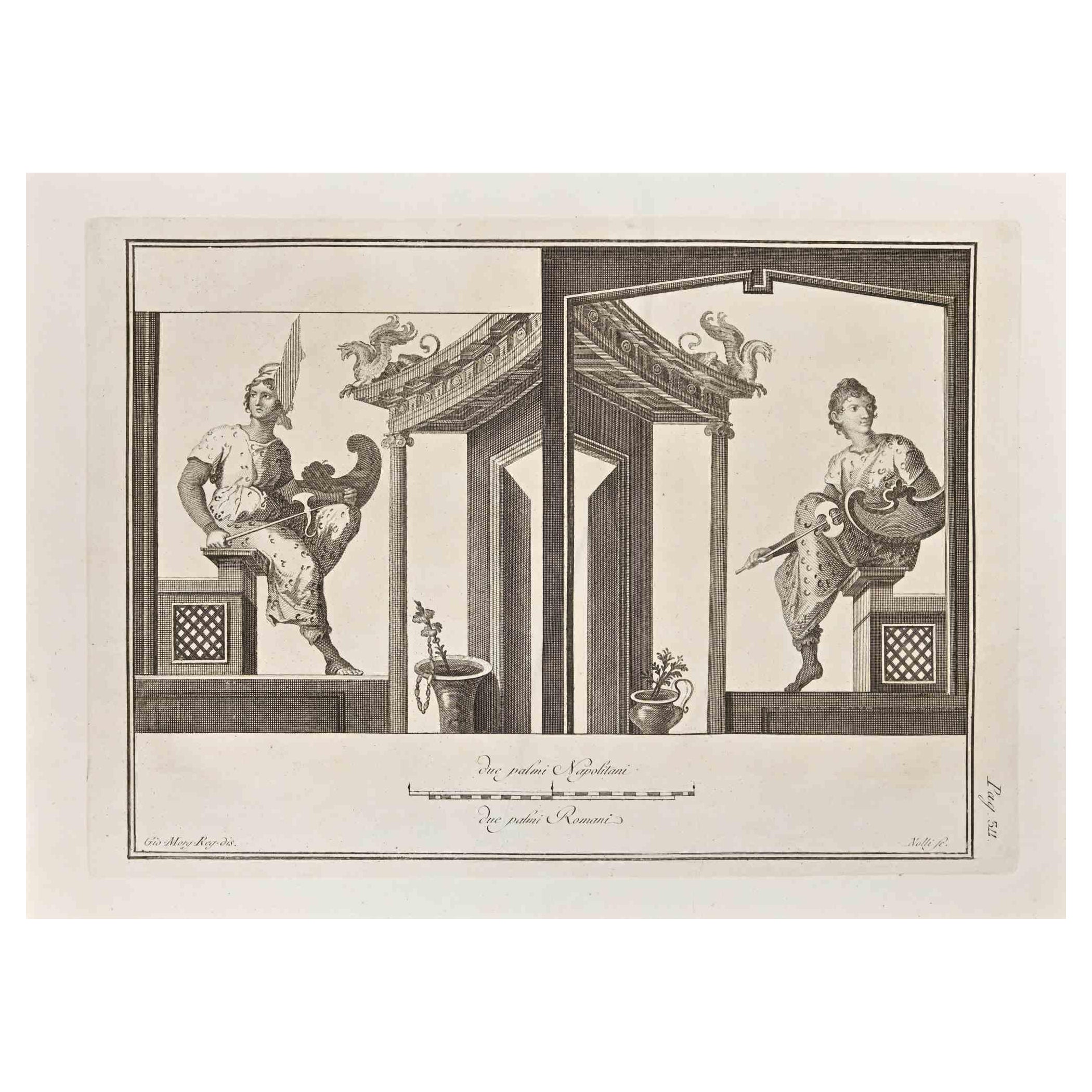 Giovanni Elia Morghen Animal Print – Antikes römisches Fresco-Herculaneum – Original-Radierung G. Morghen  – 18. Jahrhundert