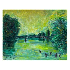Large 20th Century French Expressionist Signed Oil Green River Landscape