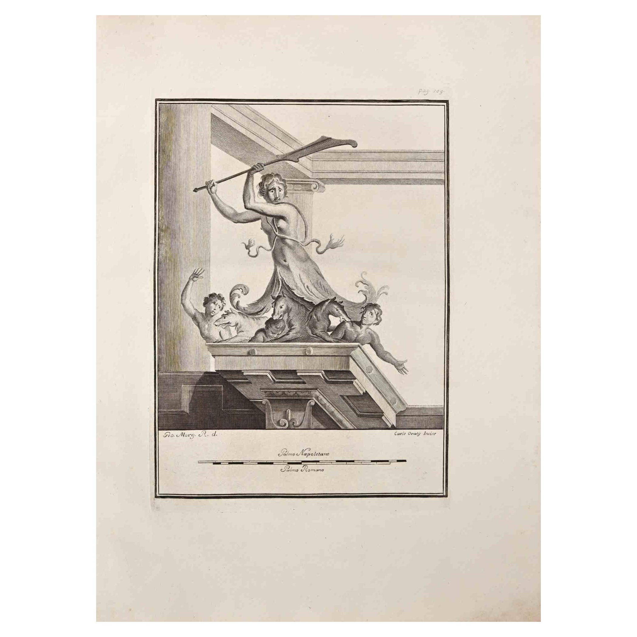 Giovanni Elia Morghen Figurative Print - Ancient Roman Fresco Herculaneum - Etching G. Morghen  - 18th Century
