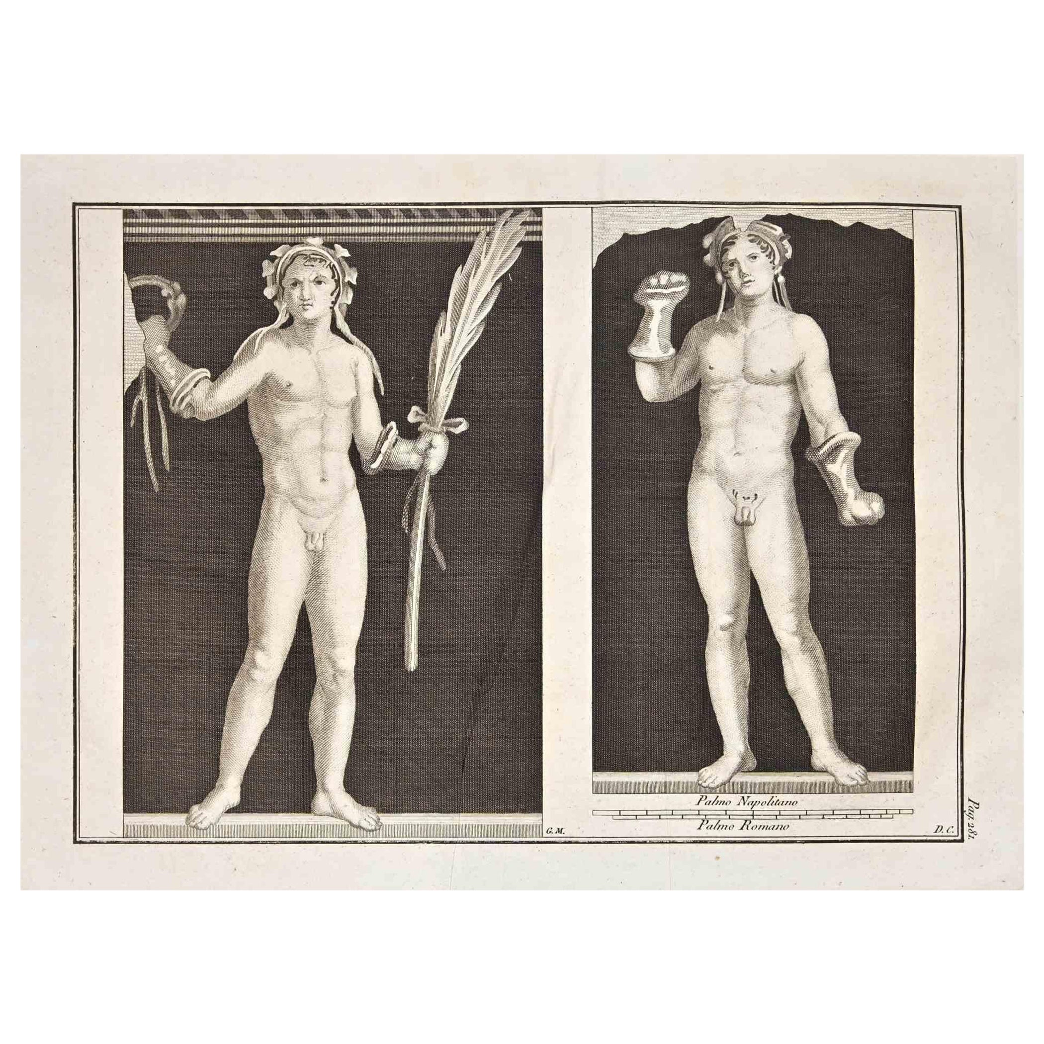 Figurative Print de Giovanni Morghen - Antiguo fresco romano de Herculano - Grabado original de G. Morghen - Siglo XVIII