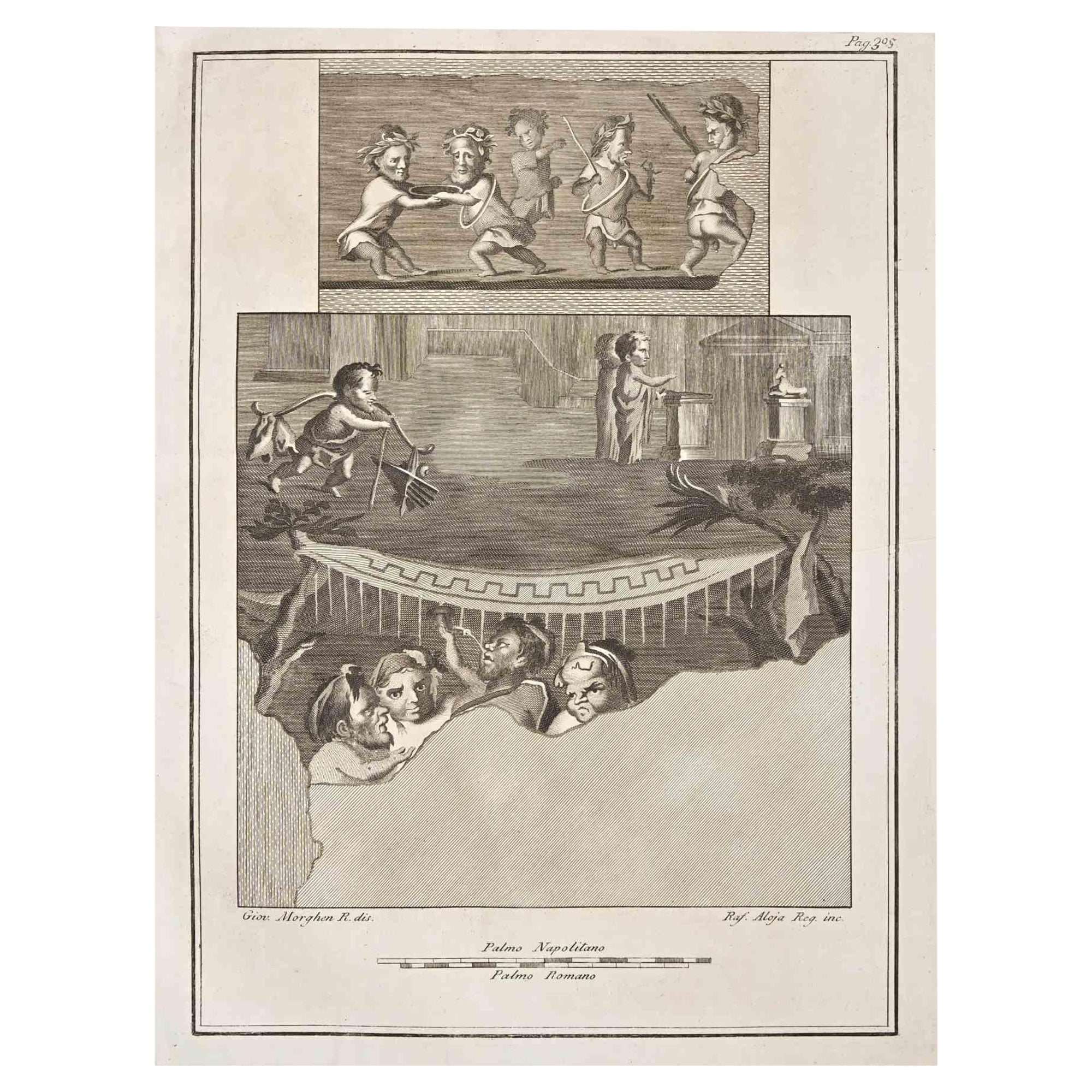 Giovanni Elia Morghen Figurative Print - Ancient Roman Fresco Herculaneum - Etching G. Morghen  - 18th Century