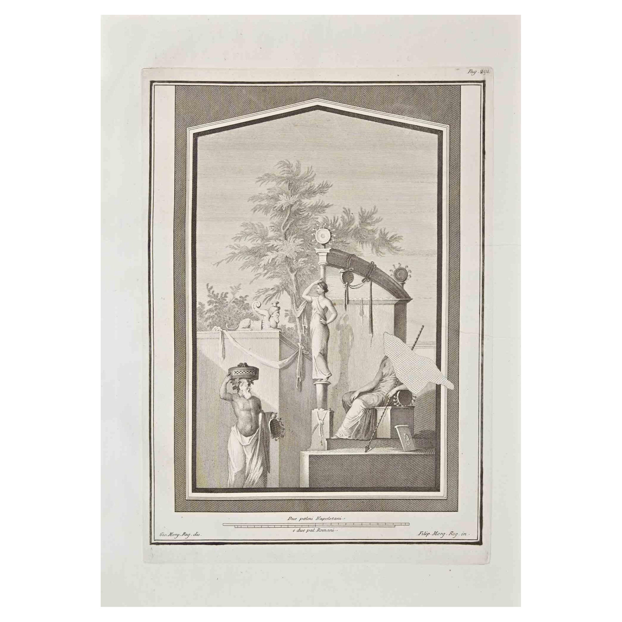 Giovanni Elia Morghen Figurative Print – Antikes römisches Fresco-Herculaneum – Radierung G. Morghen  – 18. Jahrhundert