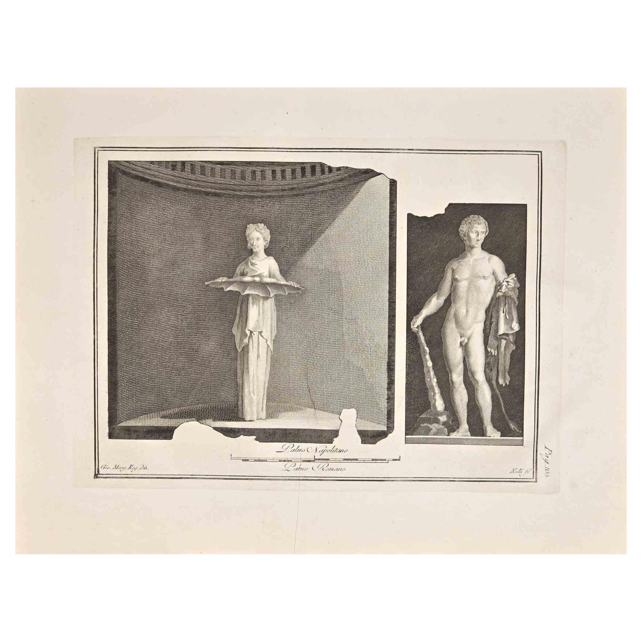 Figurative Print de Giovanni Elia Morghen - Antiguo Fresco Romano Herculano - Aguafuerte G. Morghen  - Siglo XVIII