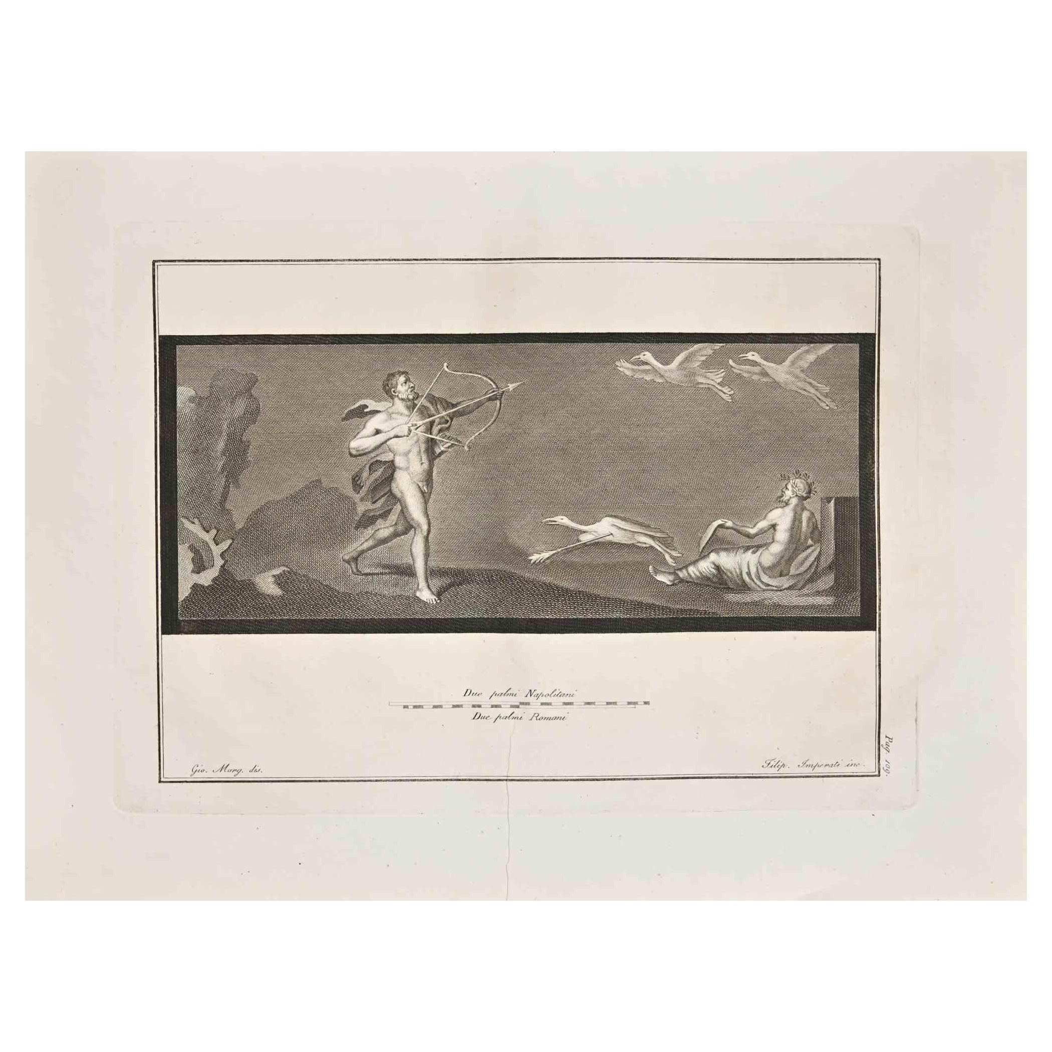 Figurative Print Giovanni Elia Morghen - Ancienne gravure romaine Fresco Herculaneum de G. Morghen  XVIIIe siècle