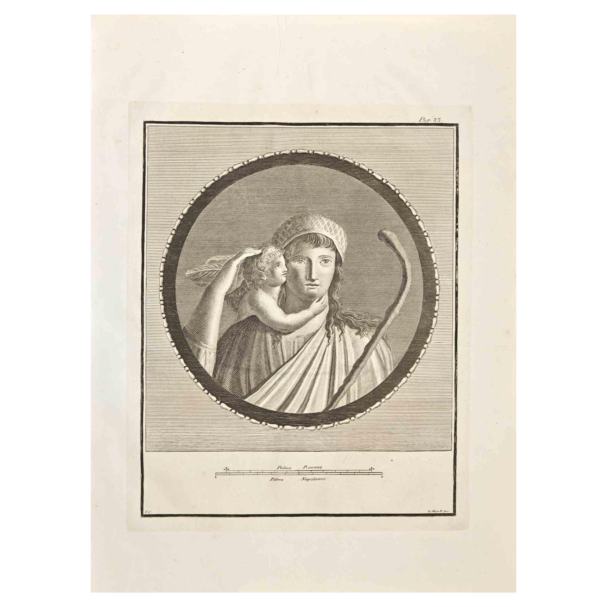 Antikes römisches Fresco-Herculaneum – Radierung von G. Aloja  – 18. Jahrhundert