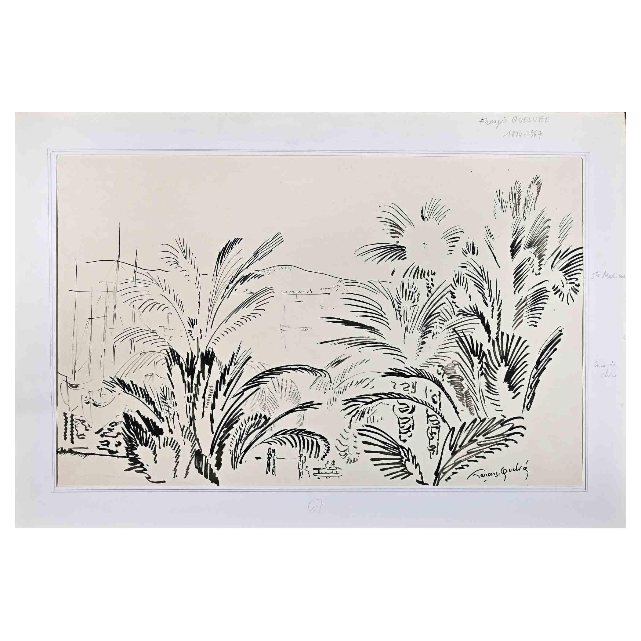 Landscape si a China Ink Drawing realized by François Quelvée (1884-1967).

Good condition on a yellowed paper included a white cardboard passpartout (37.5x55 cm).

Hand-signed by the artist on the lower right corner.

François, Albert, Ernest