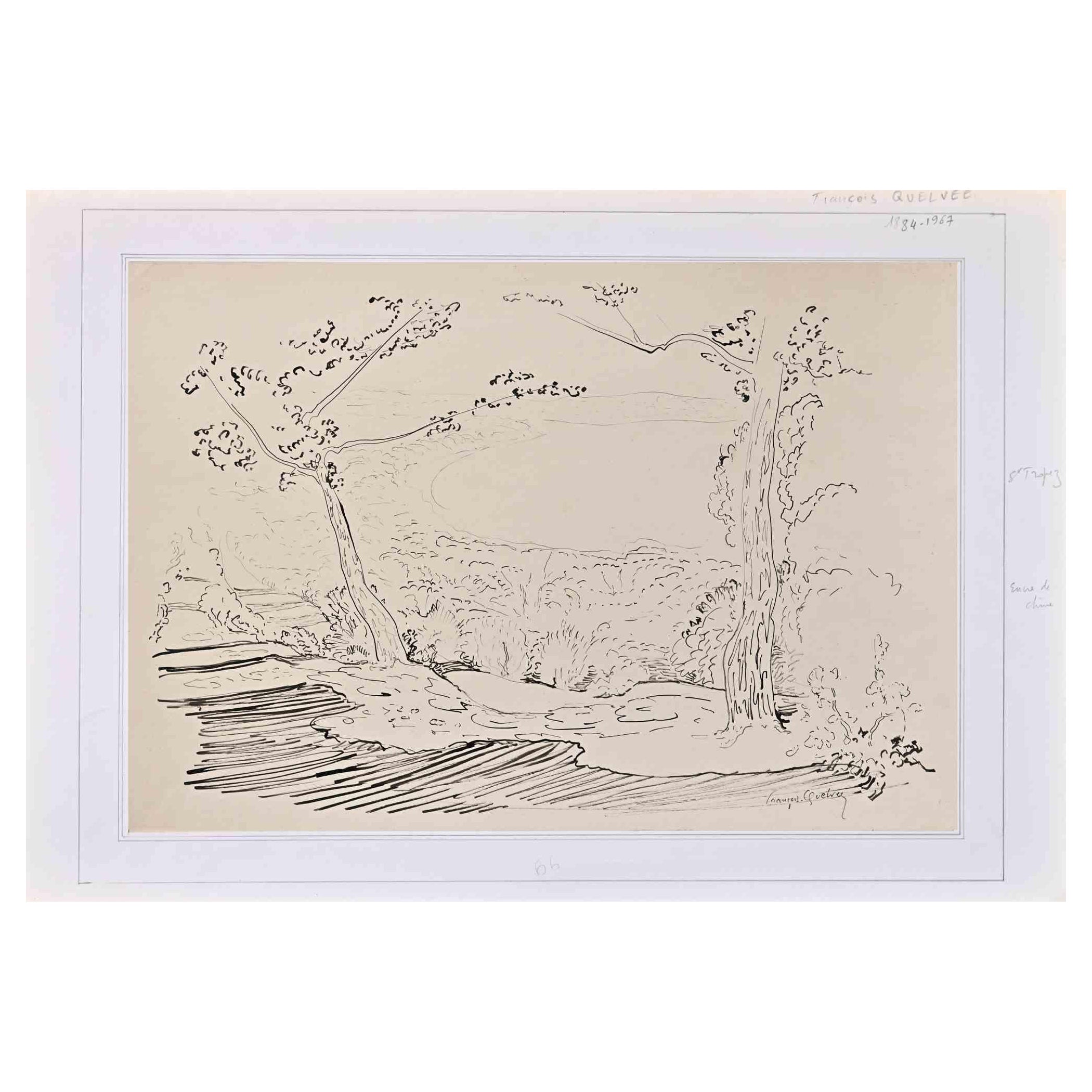 Landscape si an Original China Ink Drawing realized by François Quelvée (1884-1967).

Good condition on a yellowed paper included a white cardboard passpartout (37.5x55 cm).

Hand-signed by the artist on the lower right corner.

François, Albert,