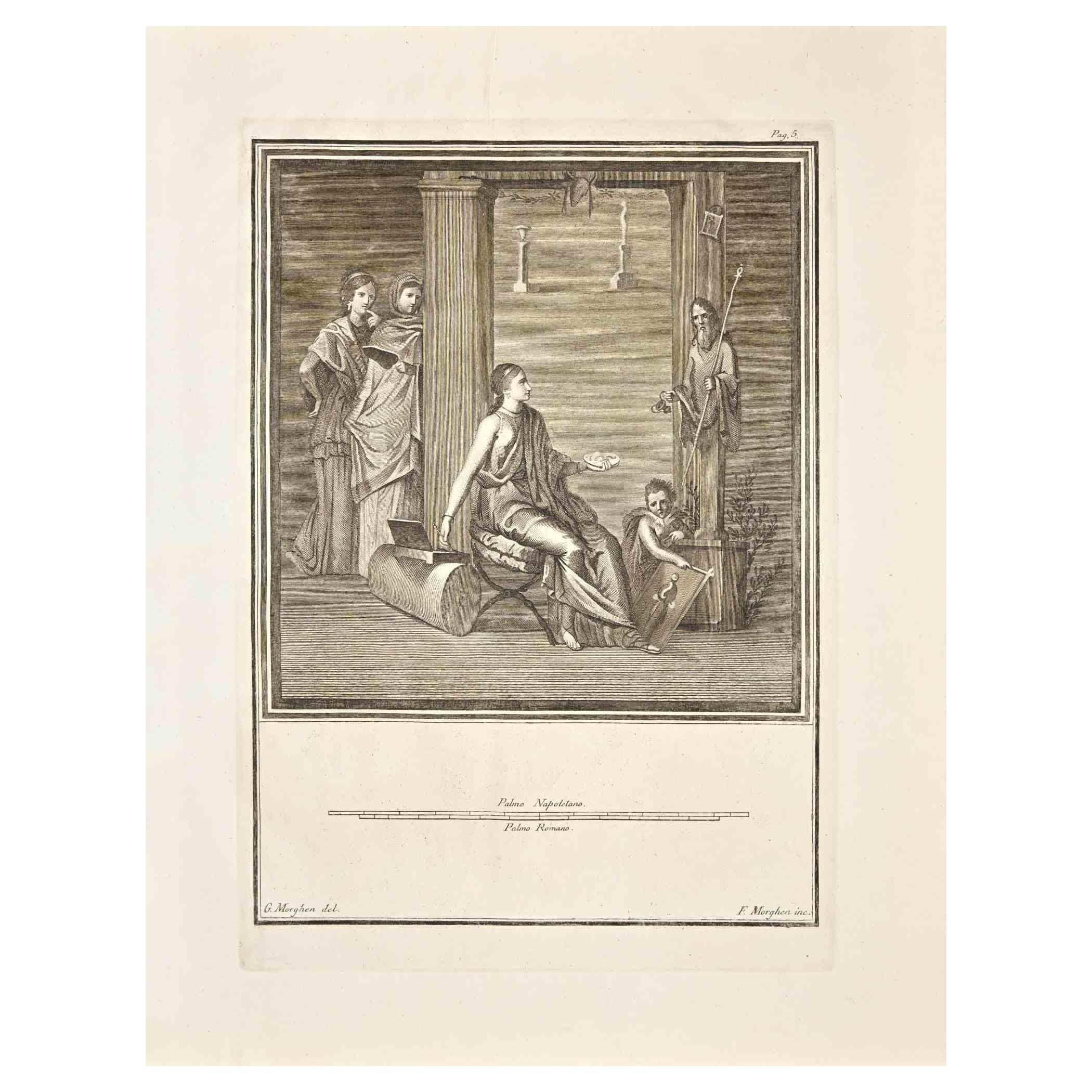Giovanni Elia Morghen Figurative Print - Ancient Roman Fresco Herculaneum - Etching G. Morghen  - 18th Century
