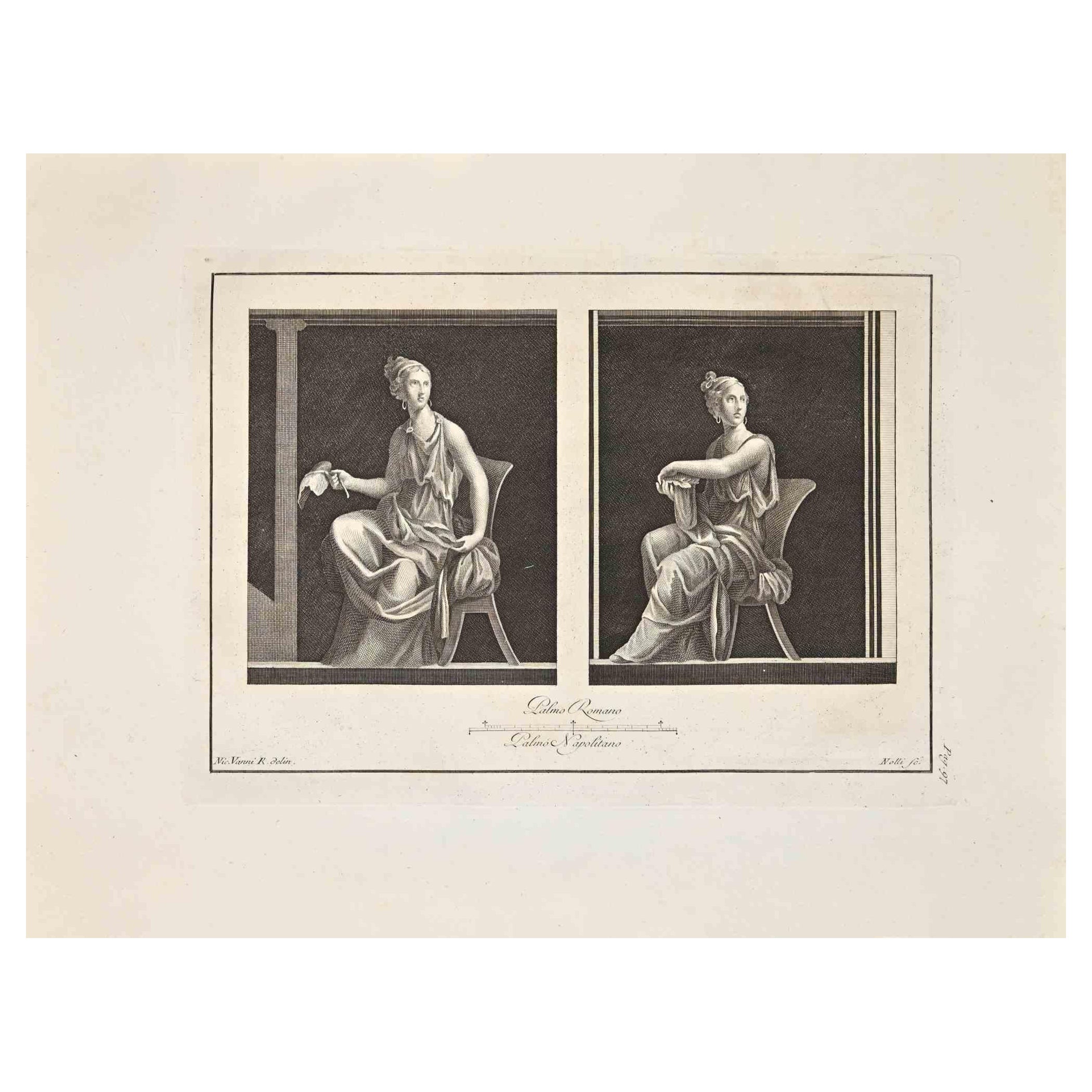 Antikes römisches Fresko aus der Serie "Antiquitäten von Herculaneum", ist eine Originalradierung auf Papier von Carlo Nolli aus dem 18.

Signiert auf der Platte.

Guter Zustand bis auf einige kleinere Flecken und einen Schnitt links unten.

Die