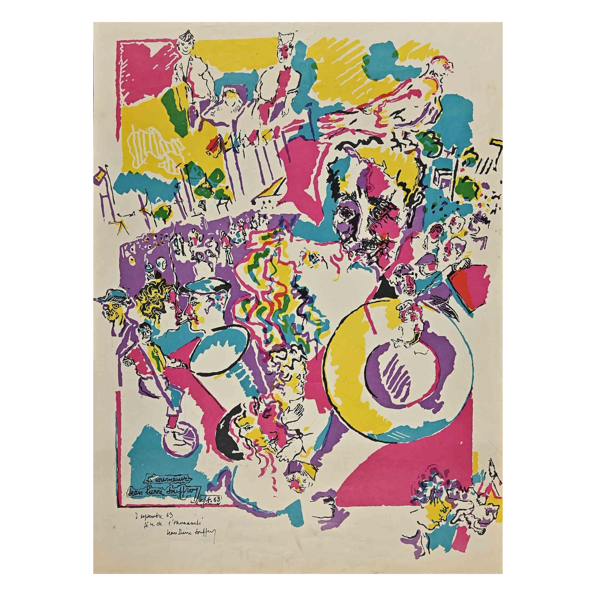 Composition is an Original Lithograph realized by Jean-Pierre Jouffroy in 1963.

Good condition on a yellowed paper.

Signed, titled and dated by the artist on the lower left corner.

Jean-Pierre Jouffroy , born on April 20 , 1933 in Paris and died