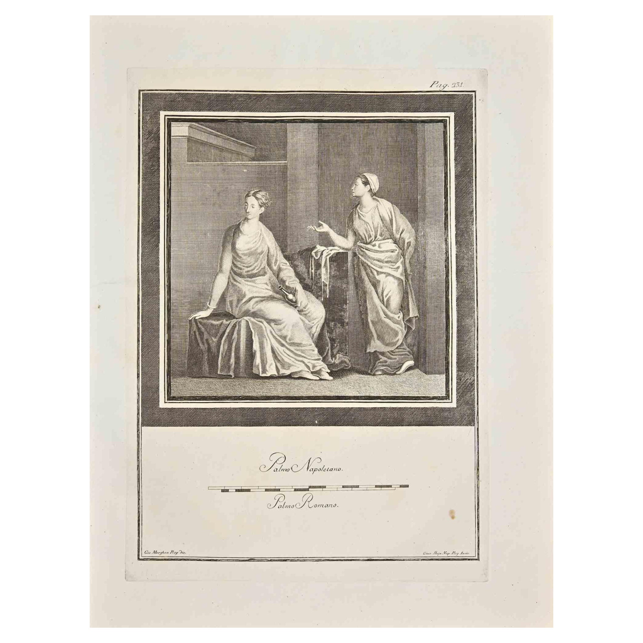Ancient Roman Fresco Herculaneum - Etching by G. Aloja  - 18th Century