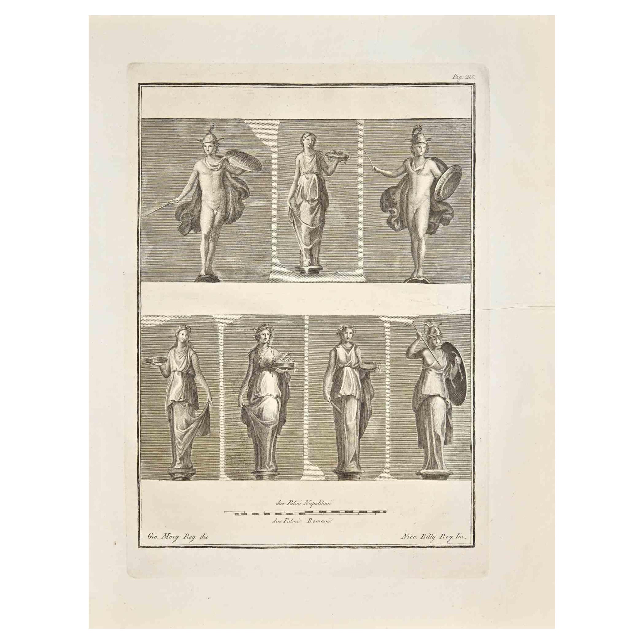 Figurative Print de Nicola Billy - Antiguo Fresco Romano Herculano - Aguafuerte N.Billy  - Siglo XVIII