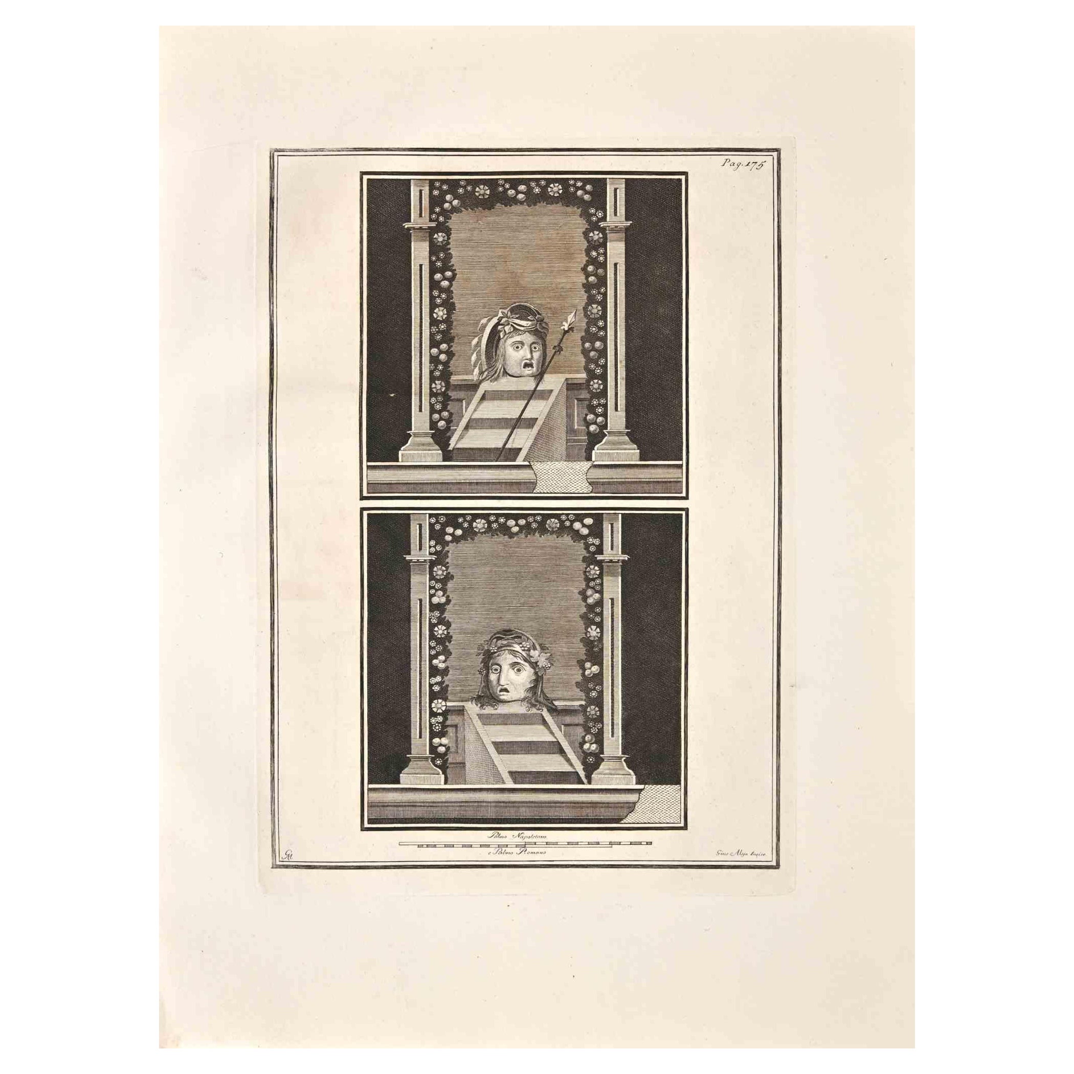 Giuseppe Aloja Figurative Print - Ancient Roman Fresco Herculaneum - Original Etching by G. Aloja  - 18th Century