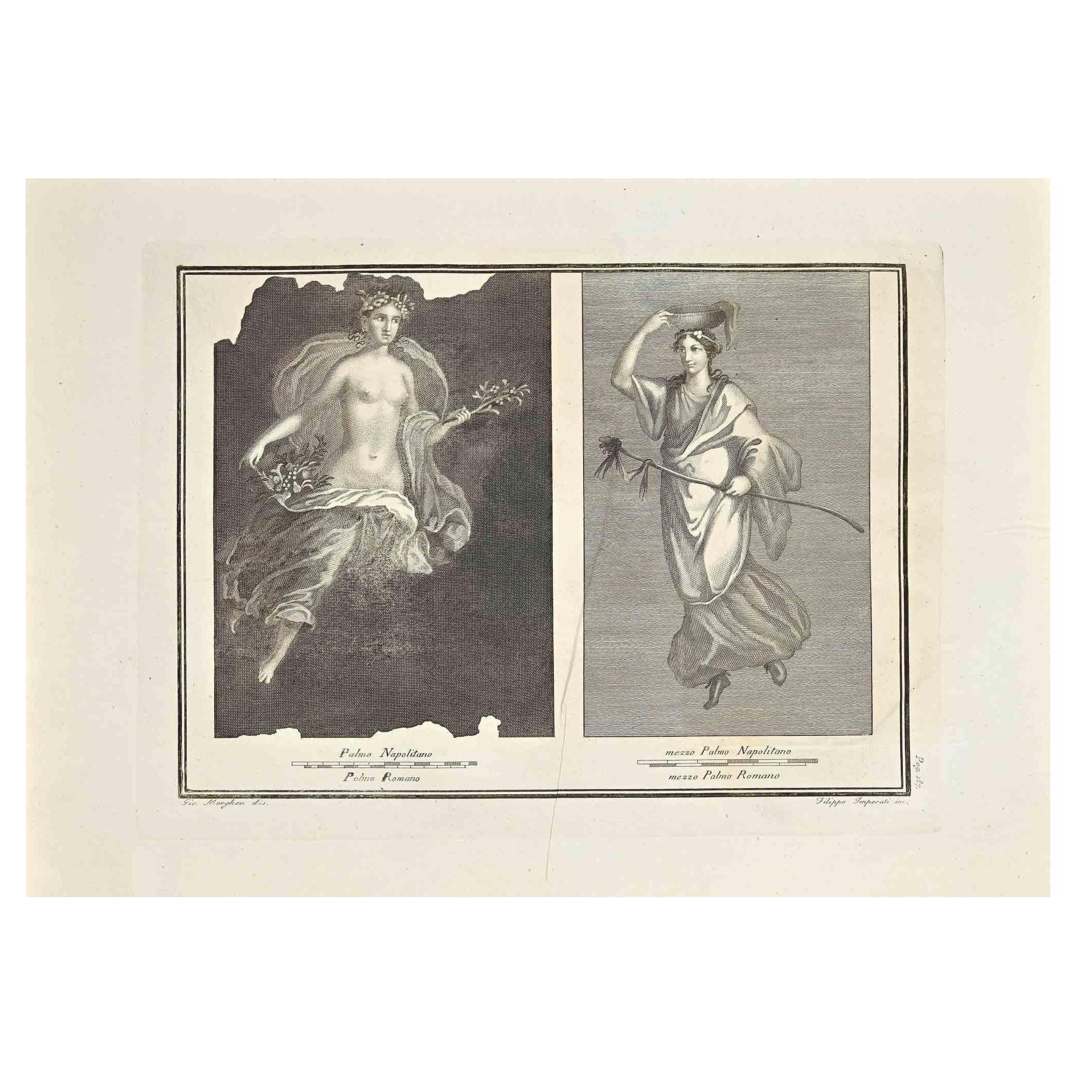 Giovanni Elia Morghen Figurative Print – Antikes römisches Fresco Herculaneum – Original-Radierung G. Morghen  – 18. Jahrhundert