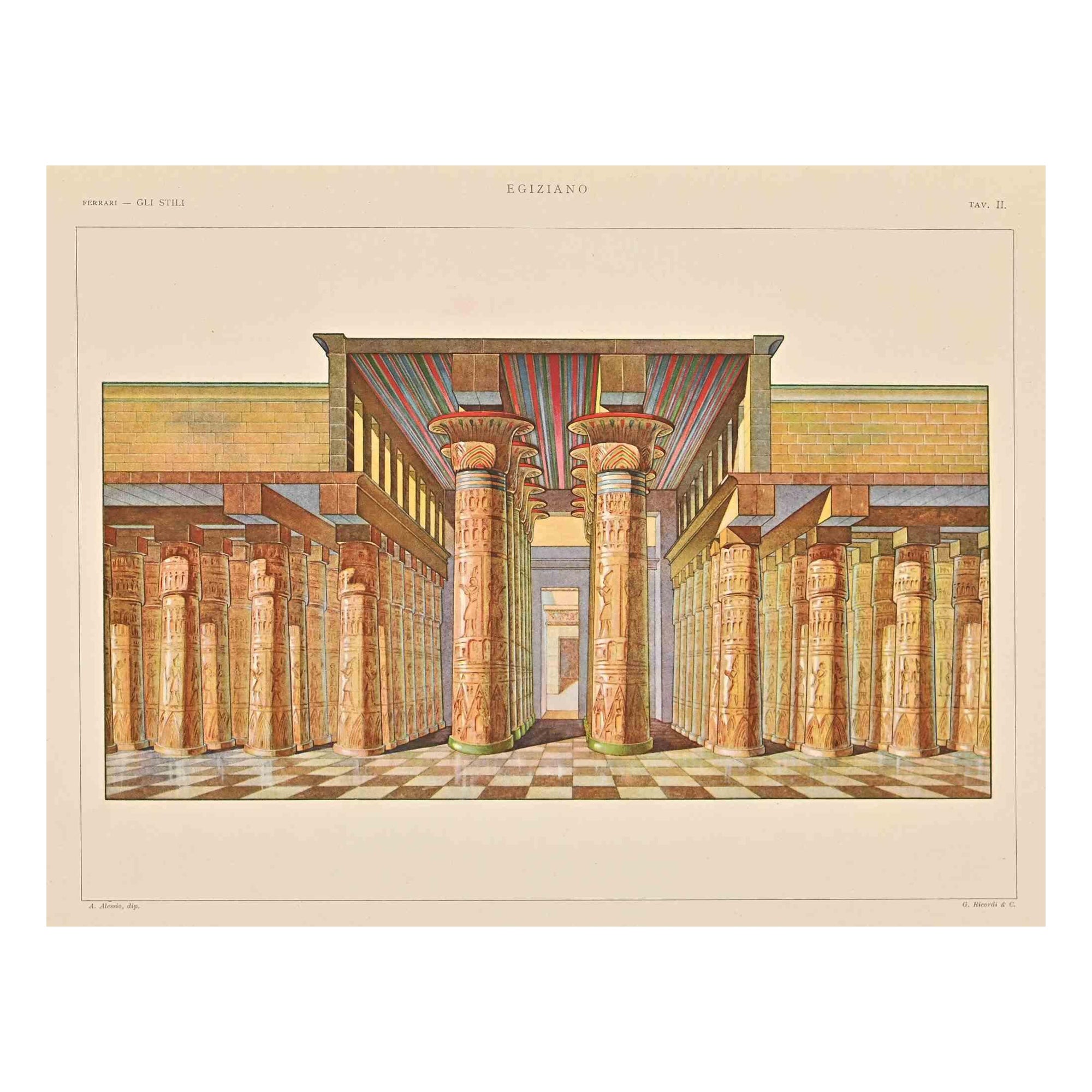 Temple égyptien - Chromolithographie par A. Alessio - Début du XXe siècle