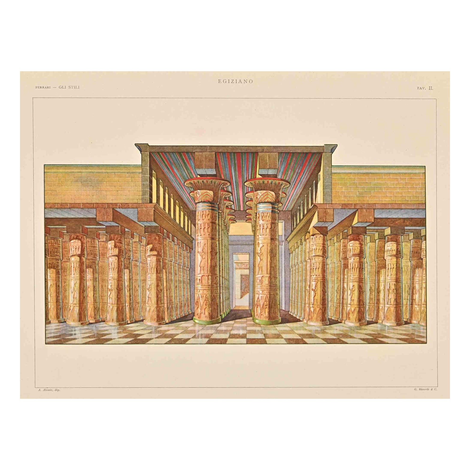 Egyptian Temple ist ein Druck auf elfenbeinfarbenem Papier, realisiert von  A. Alessio im frühen 20. Jahrhundert. Signiert auf der Platte auf der Unterseite.
.
Vintage Chromolithographie.

Sehr guter Zustand.

Das Kunstwerk stellt dekorative Motive