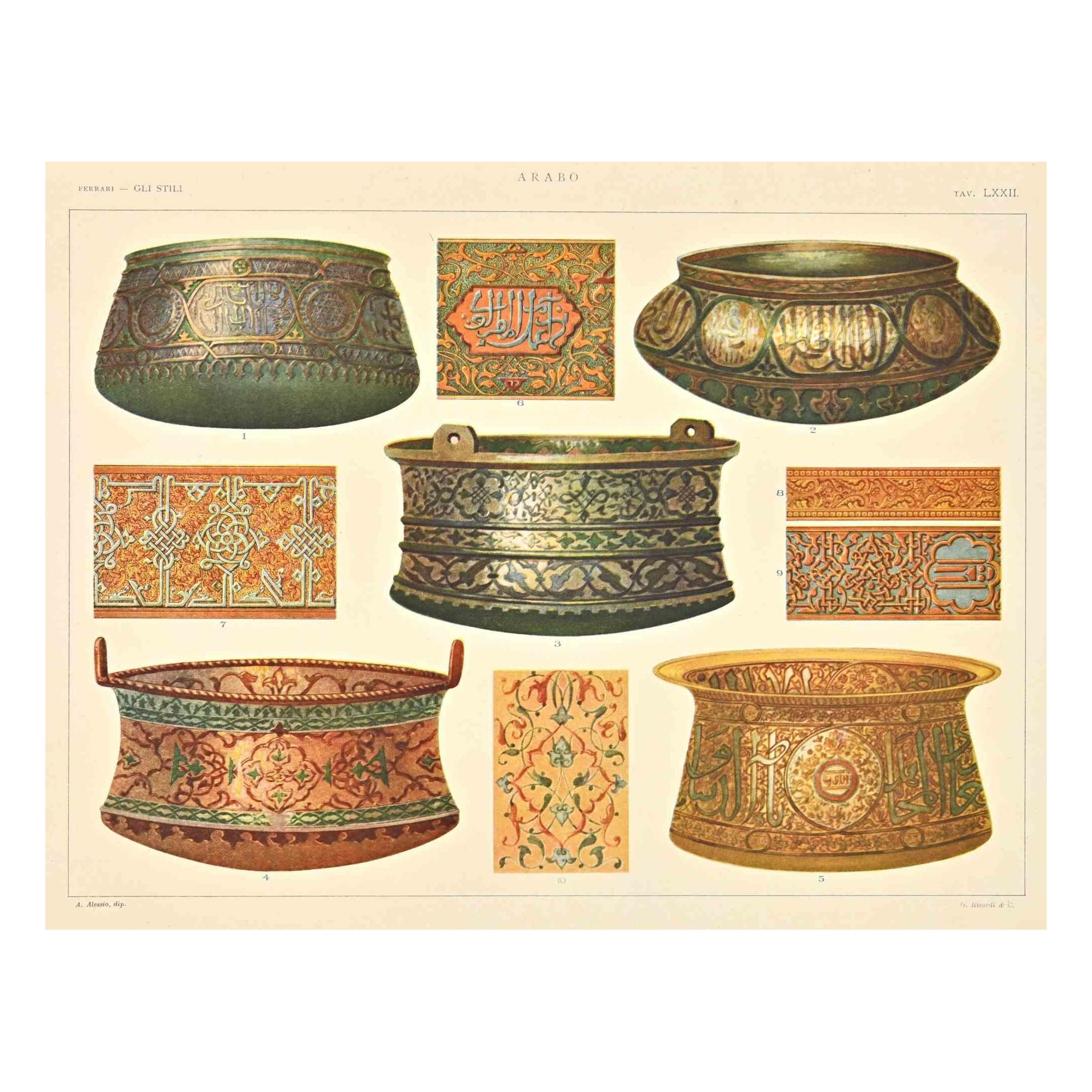 Decorative Objects in  Arab Style is a print on ivory-colored paper realized by  A. Alessio in the early 20th Century. Signed on the plate on the lower.

Vintage Chromolithograph.

Very good conditions.

The artwork represents Decorative motifs