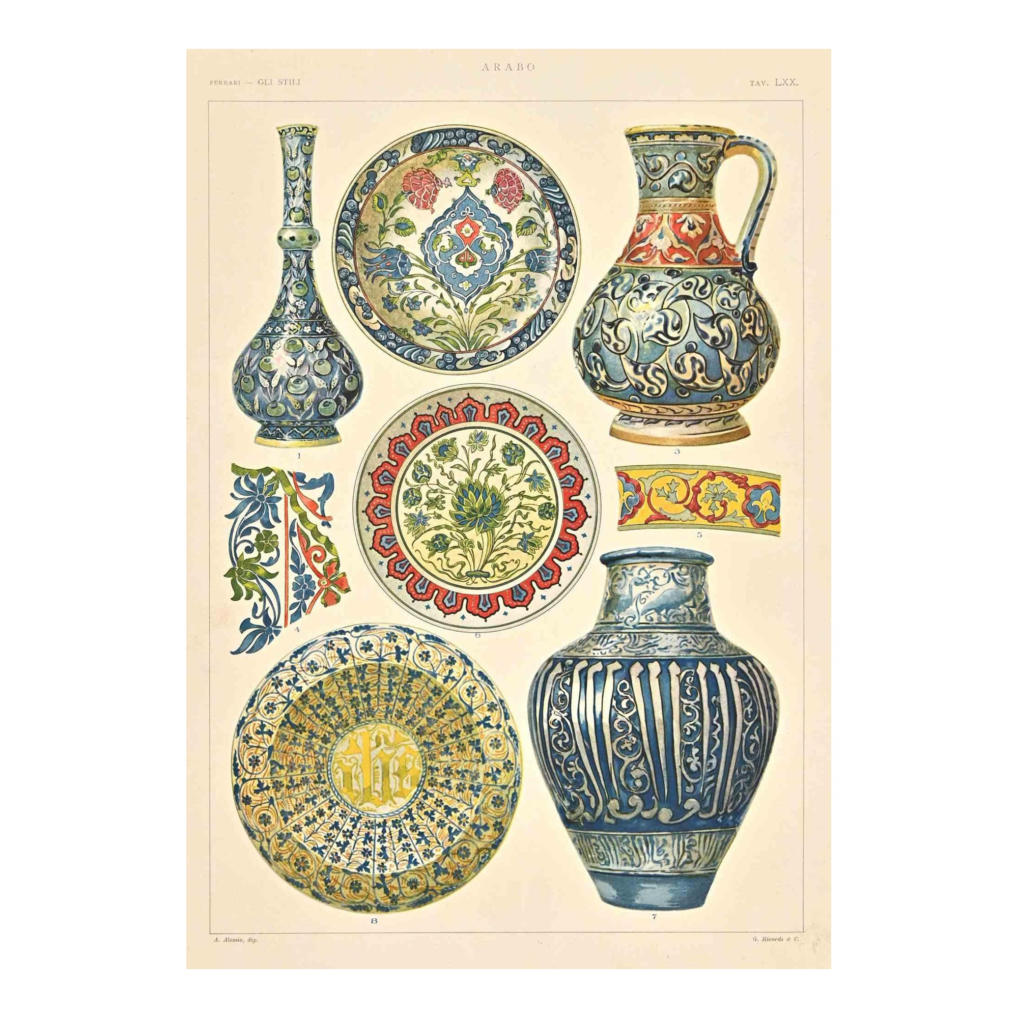Decorative Objects in  Arab Style is a print on ivory-colored paper realized by  A. Alessio in the early 20th Century. Signed on the plate on the lower

Vintage Chromolithograph.

Very good conditions.

The artwork represents Decorative motifs