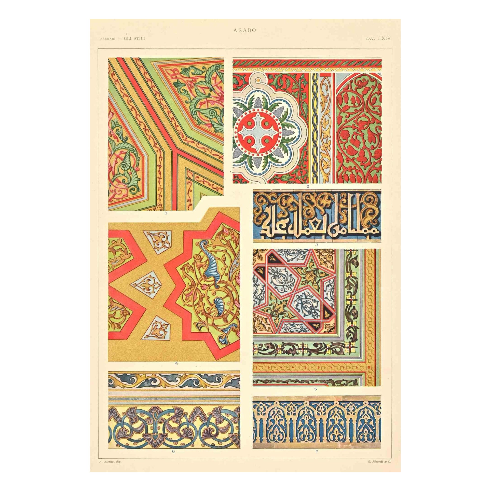 Decorative Motifs - Arabic Style is a print on Ivory-colored paper realized by an A. Alessio in the  early 20th Century

Vintage Chromolithograph.

Very good conditions.

The artwork represents Decorative motifs through well-defined details with