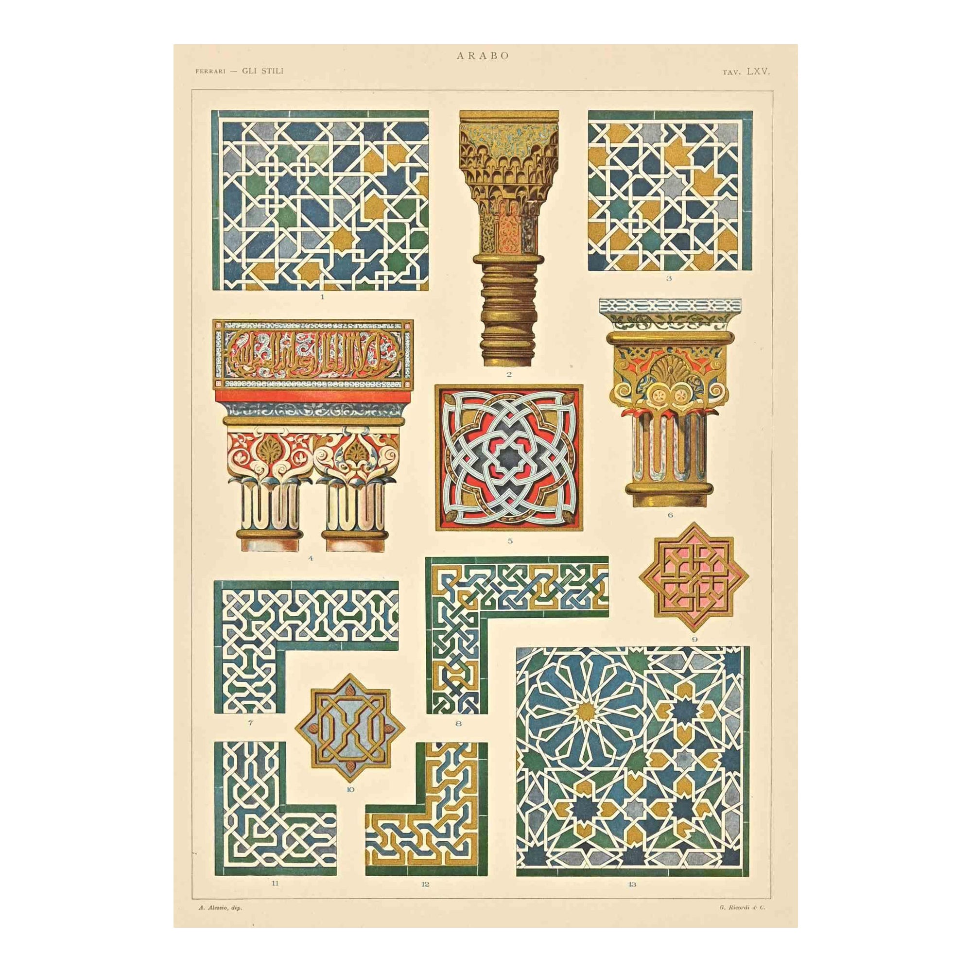 Decorative Motifs - Arabic Style is a print on Ivory-colored paper realized by an A. Alessio in the  early 20th Century

Vintage Chromolithograph.

Very good conditions.

The artwork represents Decorative motifs through well-defined details with
