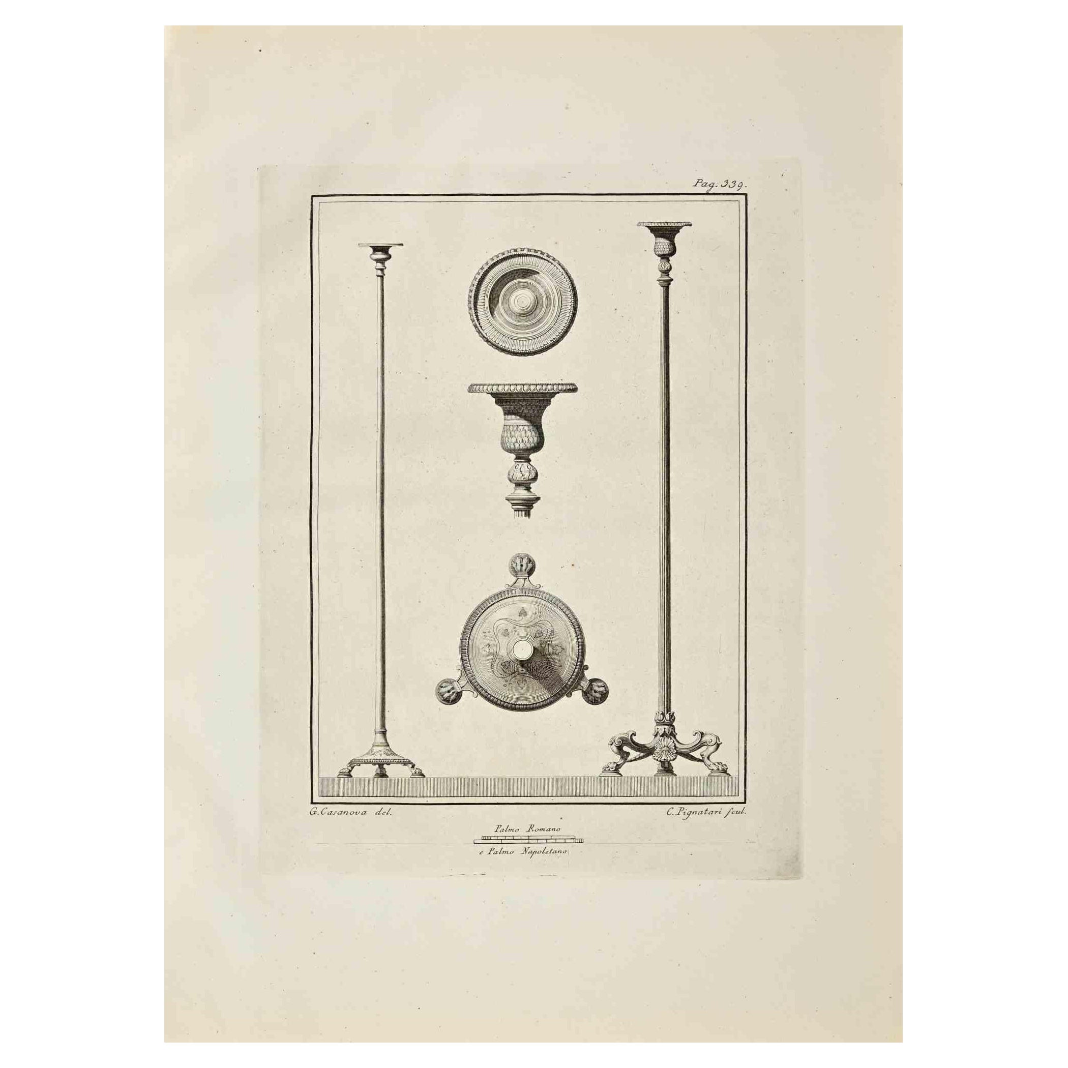 Figurative Print de Giacomo Casanova - Antiguo Fresco Romano Herculano - Aguafuerte G. Casanova - Siglo XVIII