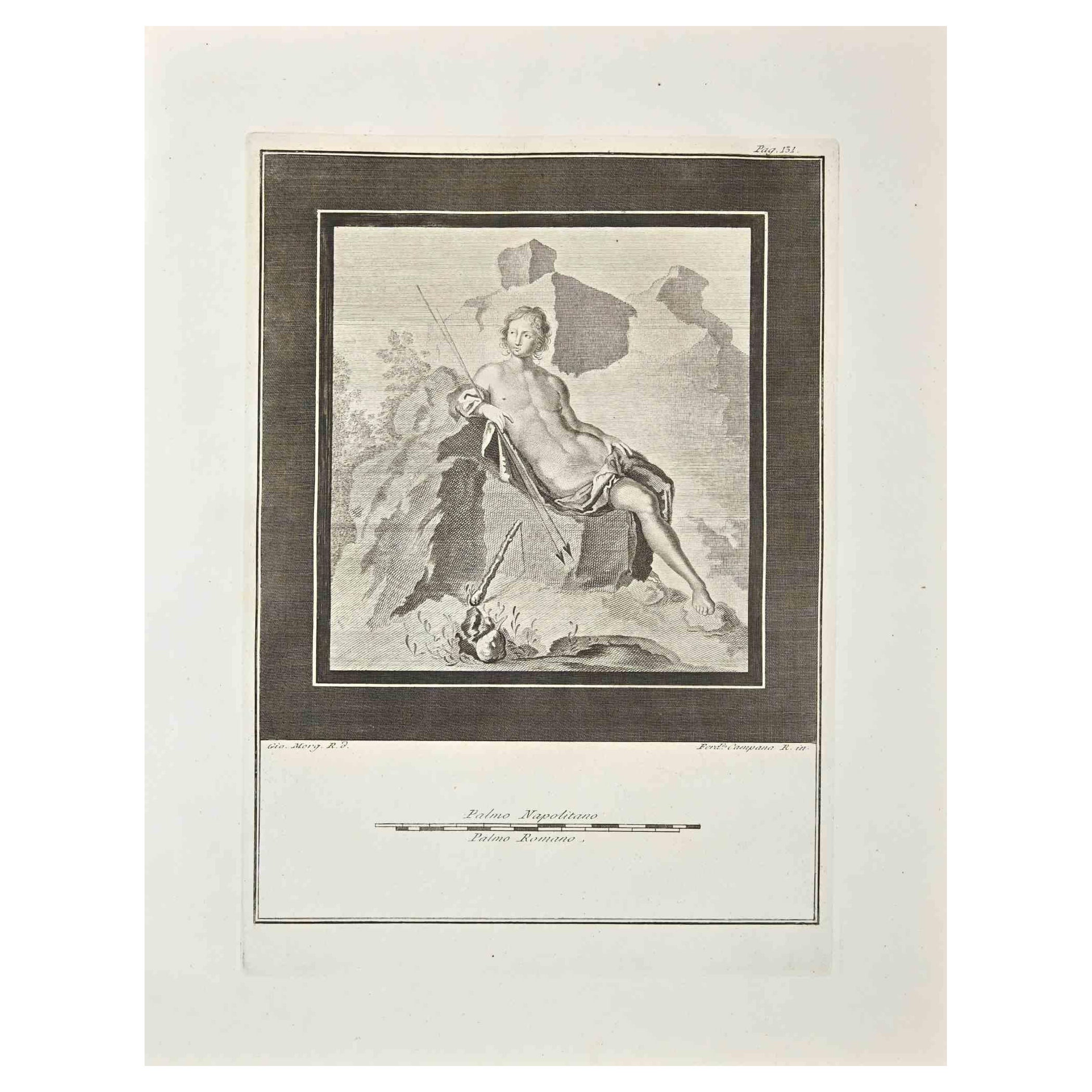 Giovanni Elia Morghen Figurative Print – Antikes römisches Fresco Herculaneum – Original-Radierung G. Morghen  – 18. Jahrhundert