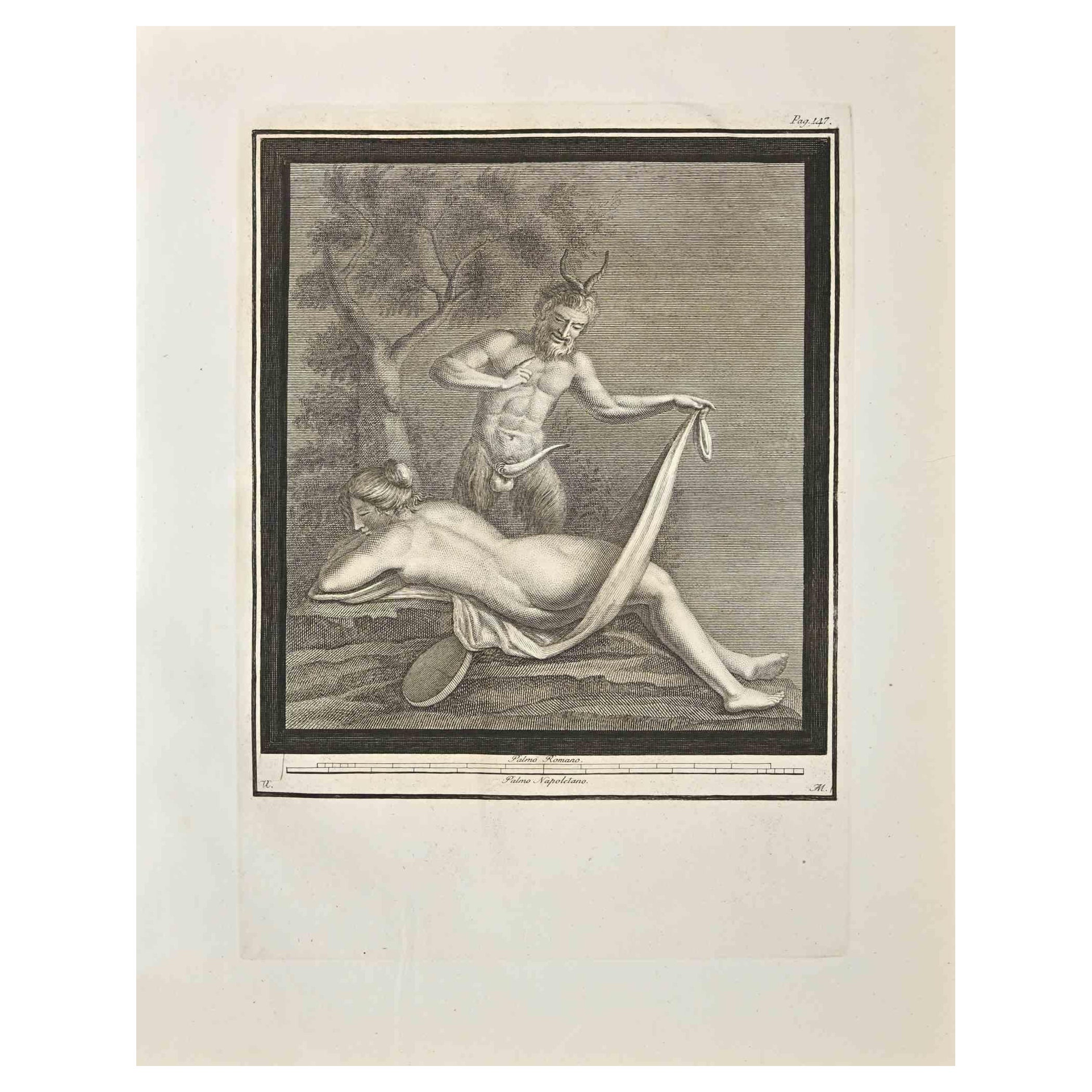 Figurative Print Giovanni Elia Morghen - Ancienne gravure romaine Fresco Herculaneum d'origine de G. Morghen  XVIIIe siècle