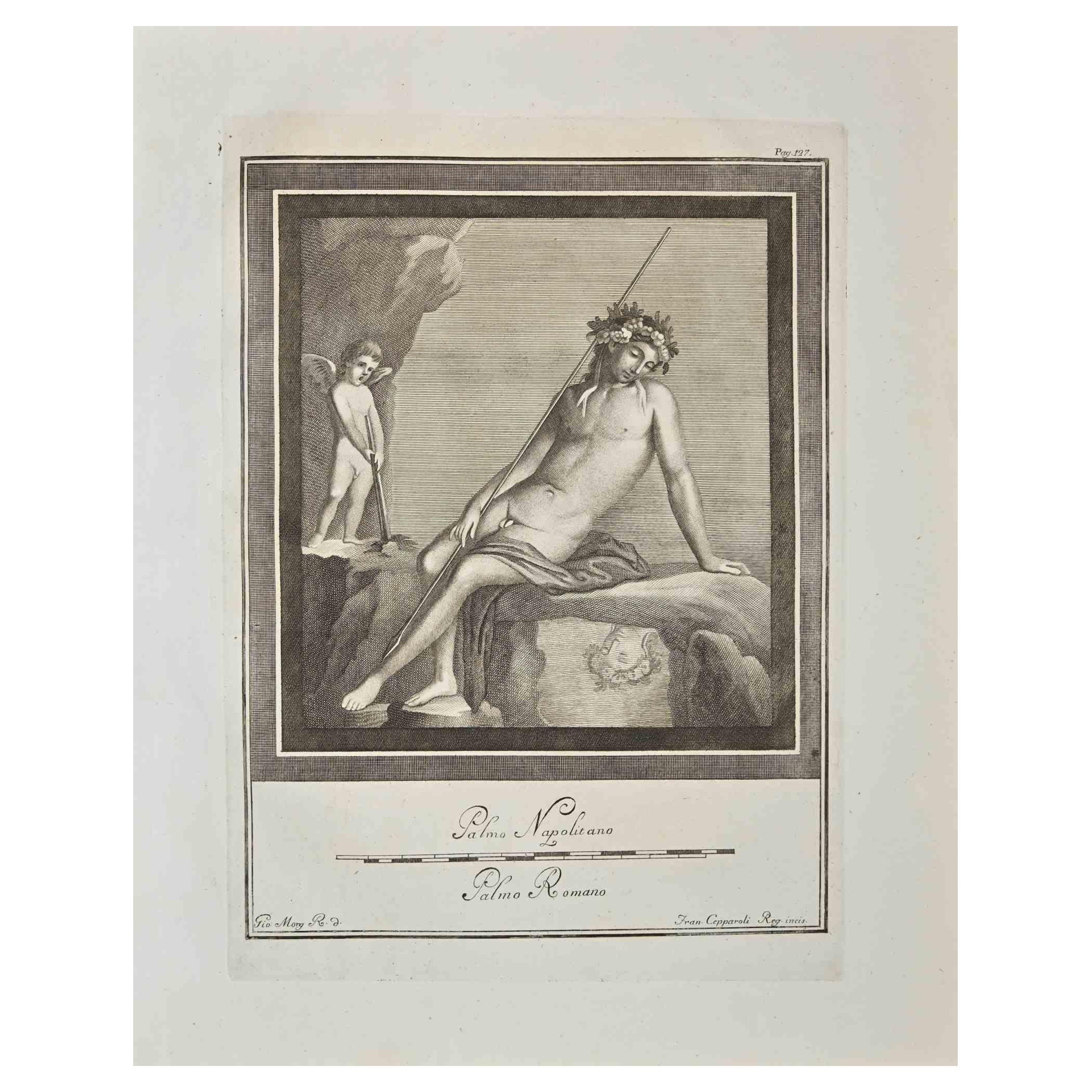 Giovanni Elia Morghen Figurative Print – Antikes römisches Fresco-Herculaneum – Original-Radierung G. Morghen  – 18. Jahrhundert