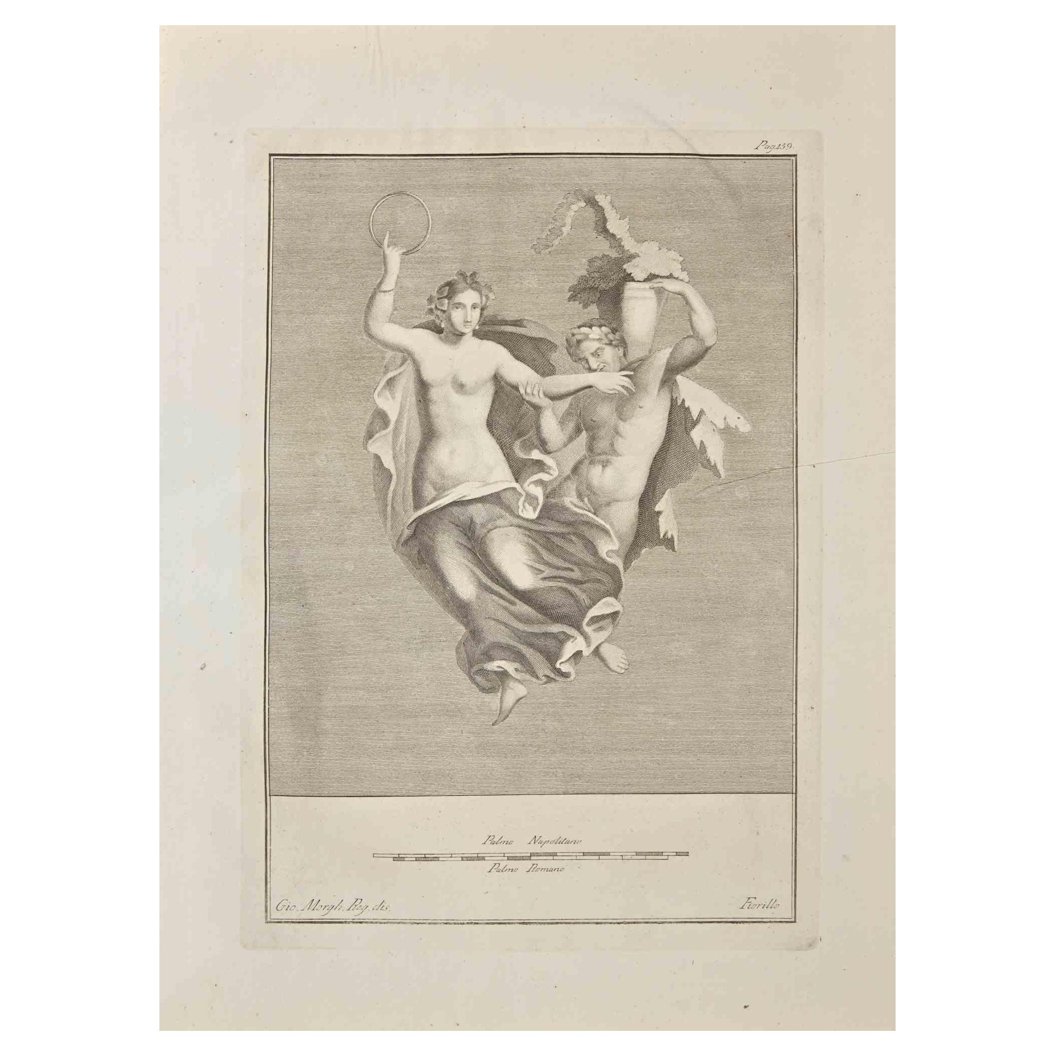 Figurative Print de Giovanni Elia Morghen - Antiguo Fresco Romano Herculano - Grabado Original G. Morghen  - Siglo XVIII
