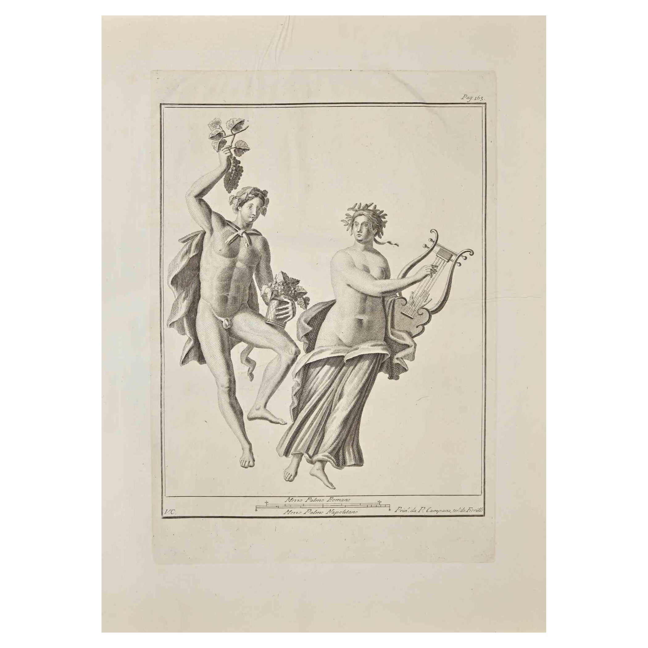 Figurative Print Vincenzo Campana - Ancien Herculanum romain Fresco, gravure  - 18ème siècle