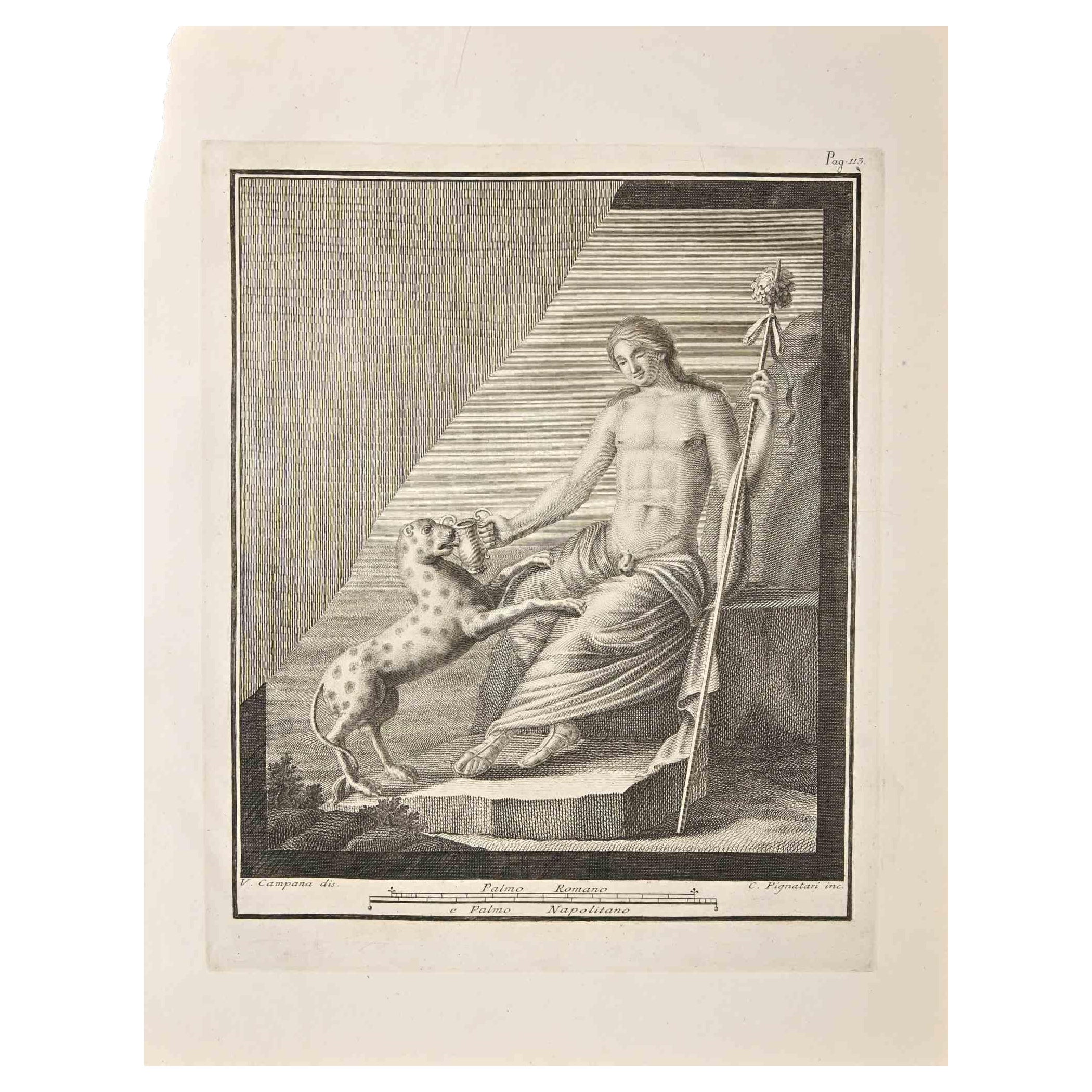 Figurative Print Vincenzo Campana - Ancien Fresco Herculaneum romain - gravure en forme de V. Campana - 18ème siècle