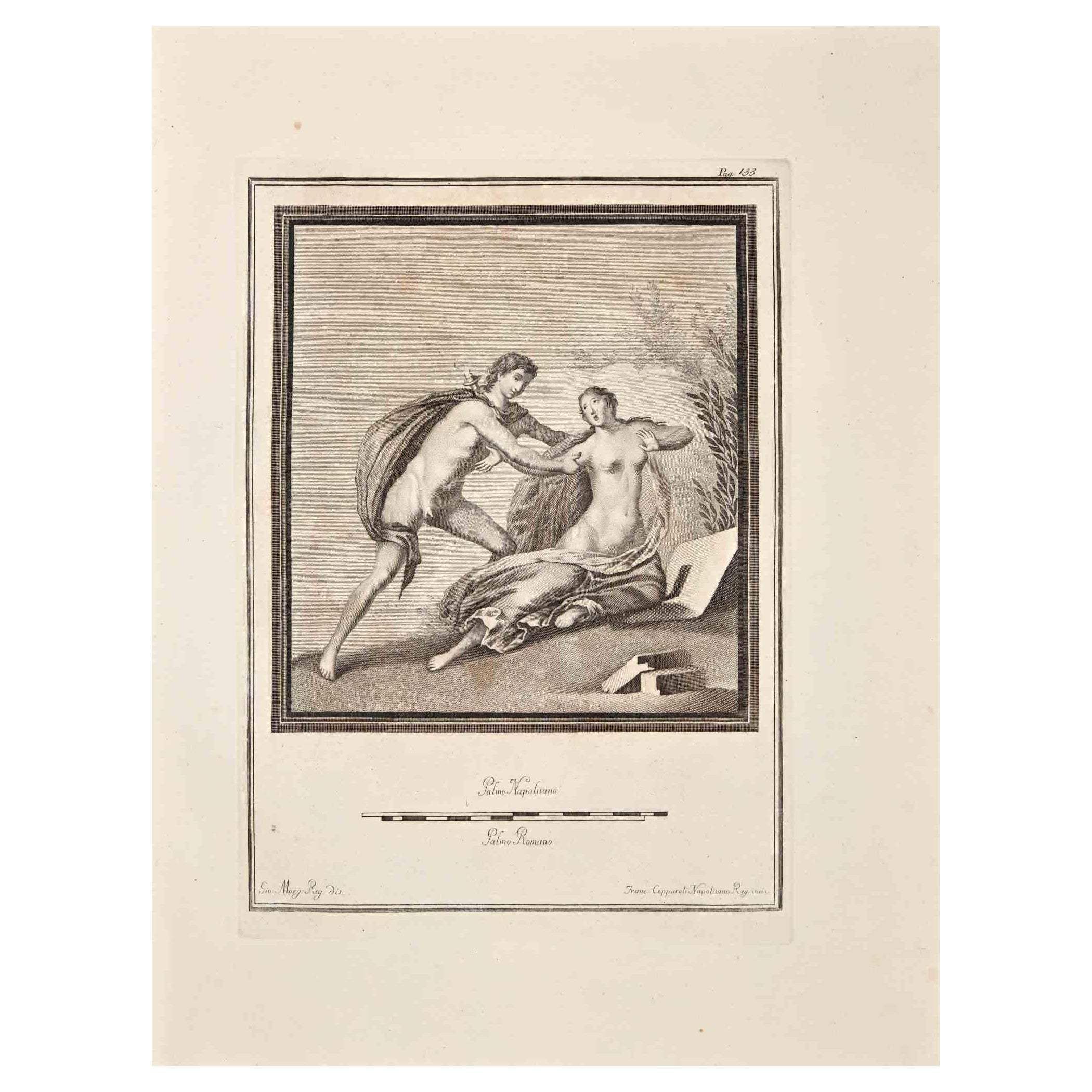 Giovanni Elia Morghen Figurative Print - Ancient Roman Fresco Herculaneum - Original Etching G. Morghen  - 18th Century