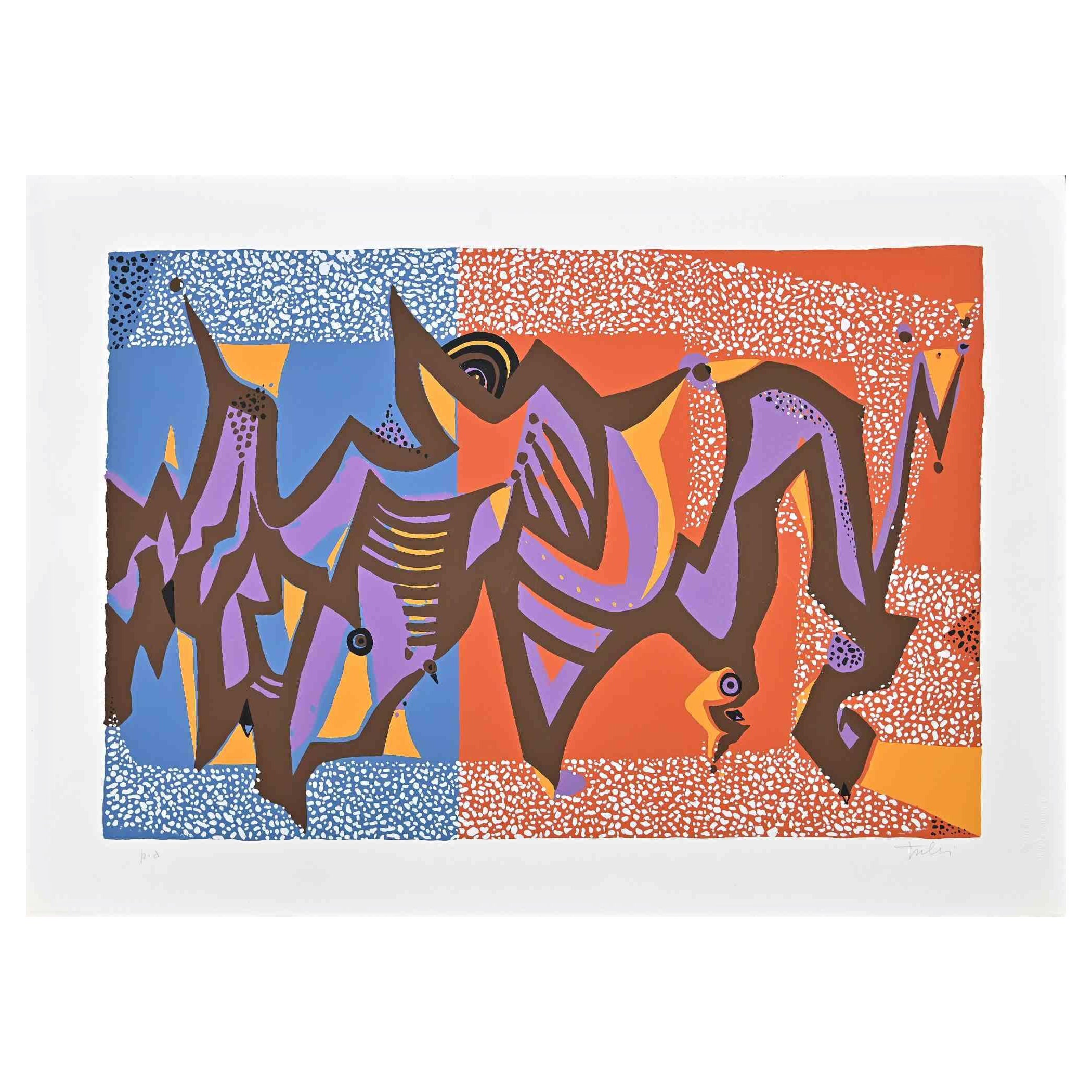 Abstract composition is a colored screen print on paper, realized in the 1970s by the Italian artist Wladimiro Tulli.
Hand-signed on the lower right.

Artist's proof.

A beautiful artwork representing an abstract composition through congruous and