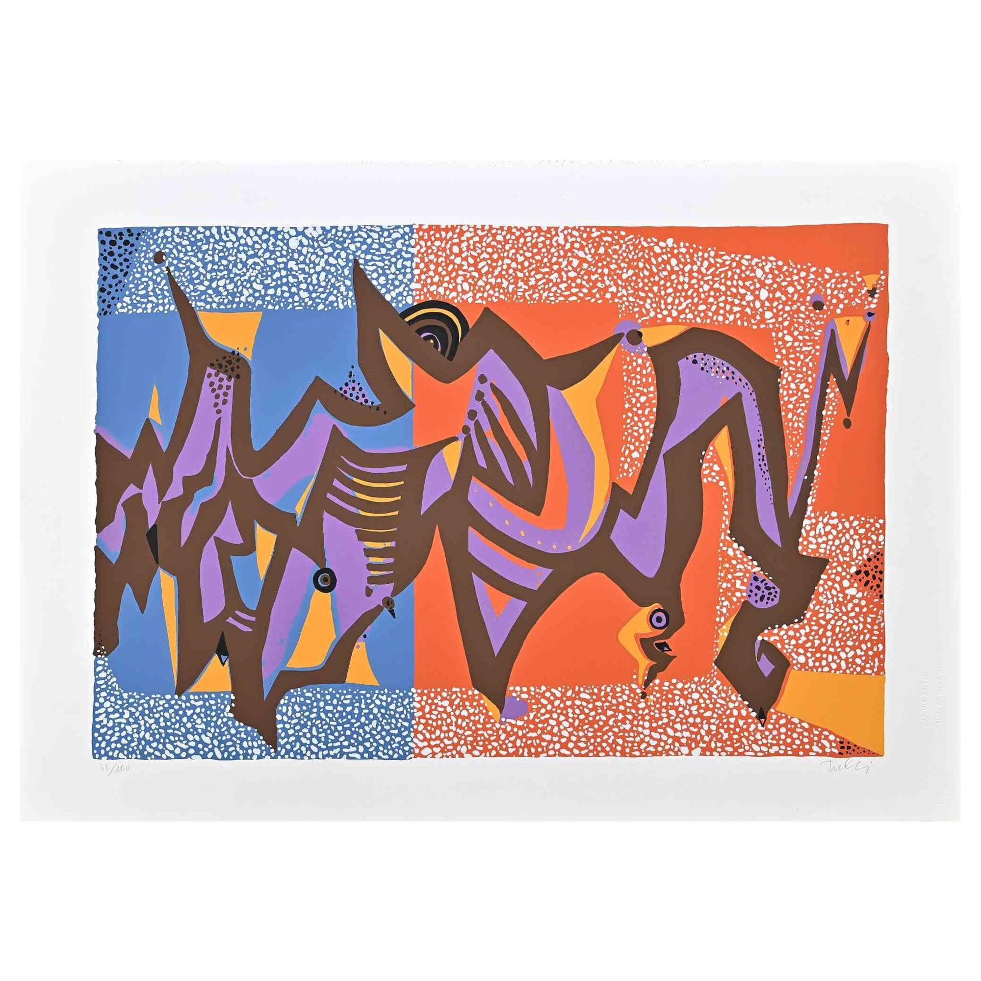 Composition carnavalesque est une sérigraphie colorée sur papier, réalisée dans les années 1970 par l'artiste italien Wladimiro Tulli.
Signé à la main en bas à droite et numéroté au crayon dans la marge inférieure. Edition de 42/100 tirages.

Une