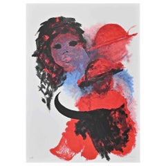 Le taureau en rouge - Lithographie de José Guevara - 1990