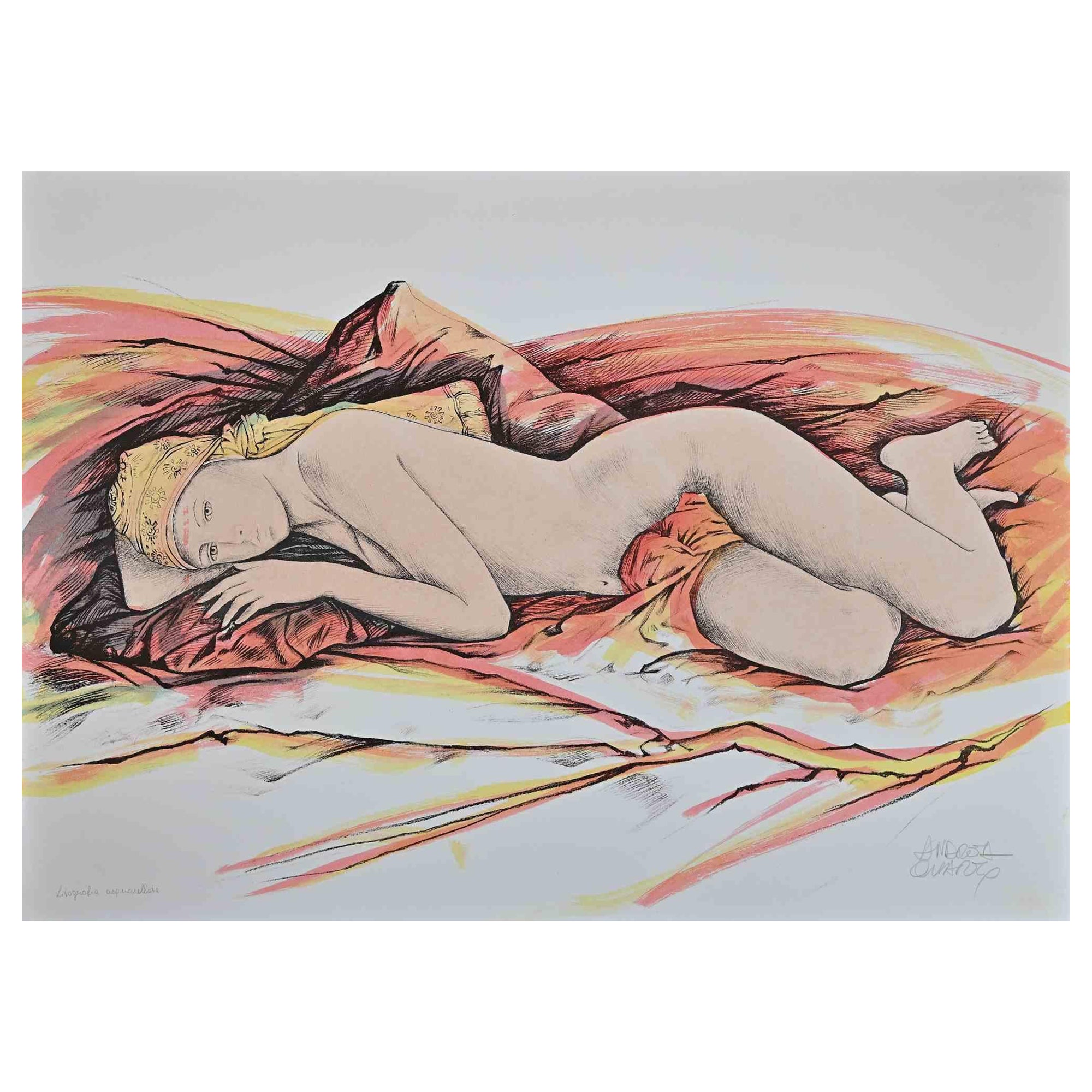 Andrea Quarto Figurative Print - Nude - Hand-Colored Lithograph by A. Quarto - 1985