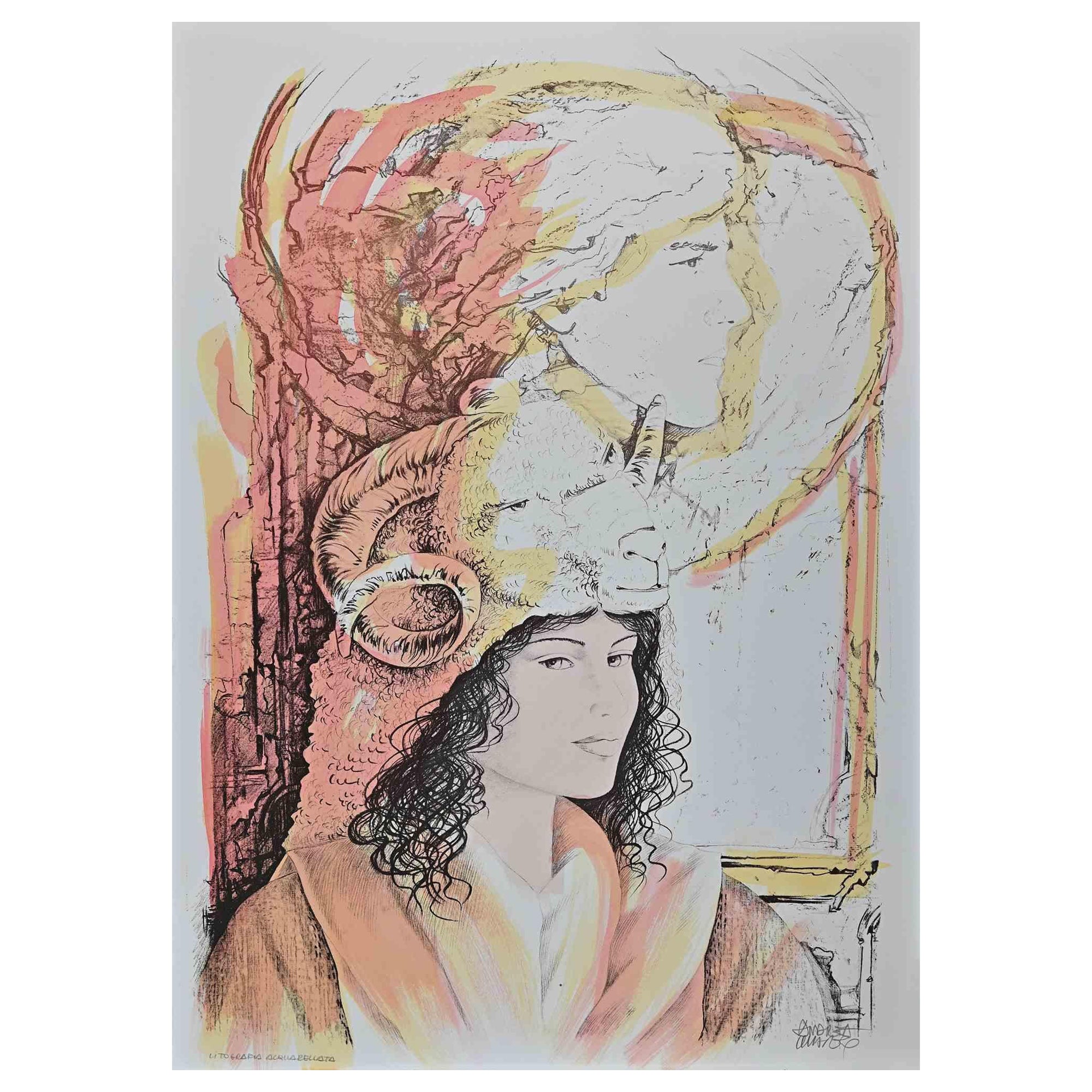 Andrea Quarto Figurative Print - Zodiac Lithograph - Aries - Hand-Colored Lithograph by A. Quarto - 1985