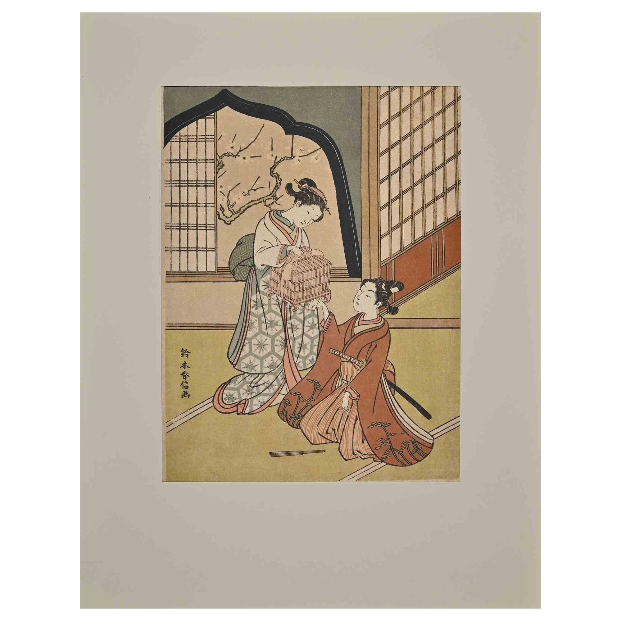 Ikeisai Yoshichika Figurative Print - Lovers  - Woodcut after Ikkeisai Yoshichika - Mid-20th Century