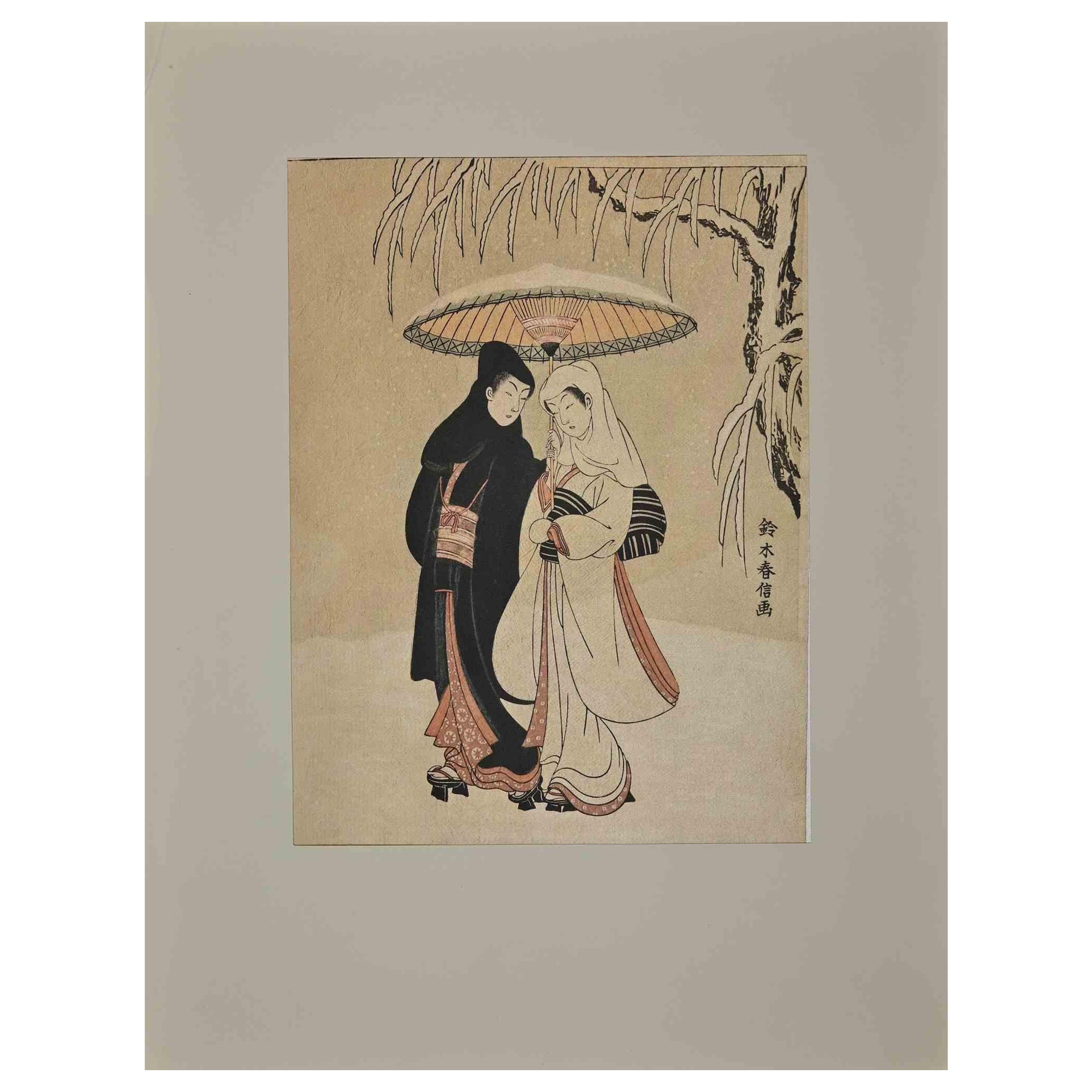 suzuki harunobu lovers walking in the snow