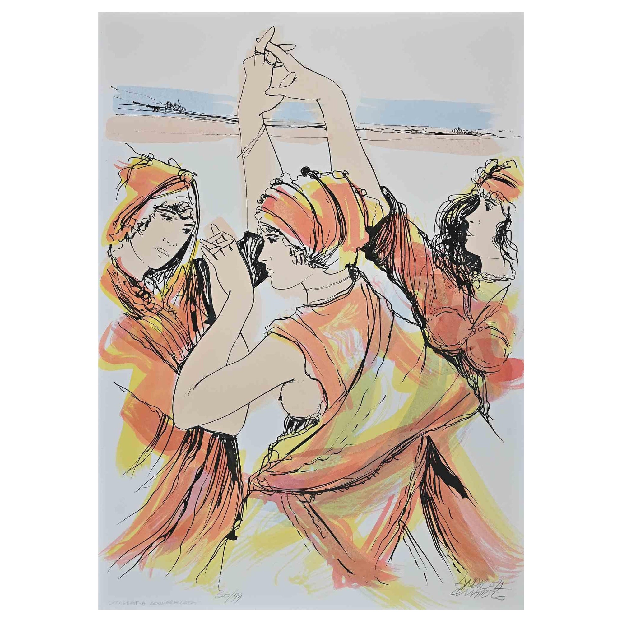 Andrea Quarto Figurative Print - Dancers - Hand-Colored Lithograph by A. Quarto - 1985