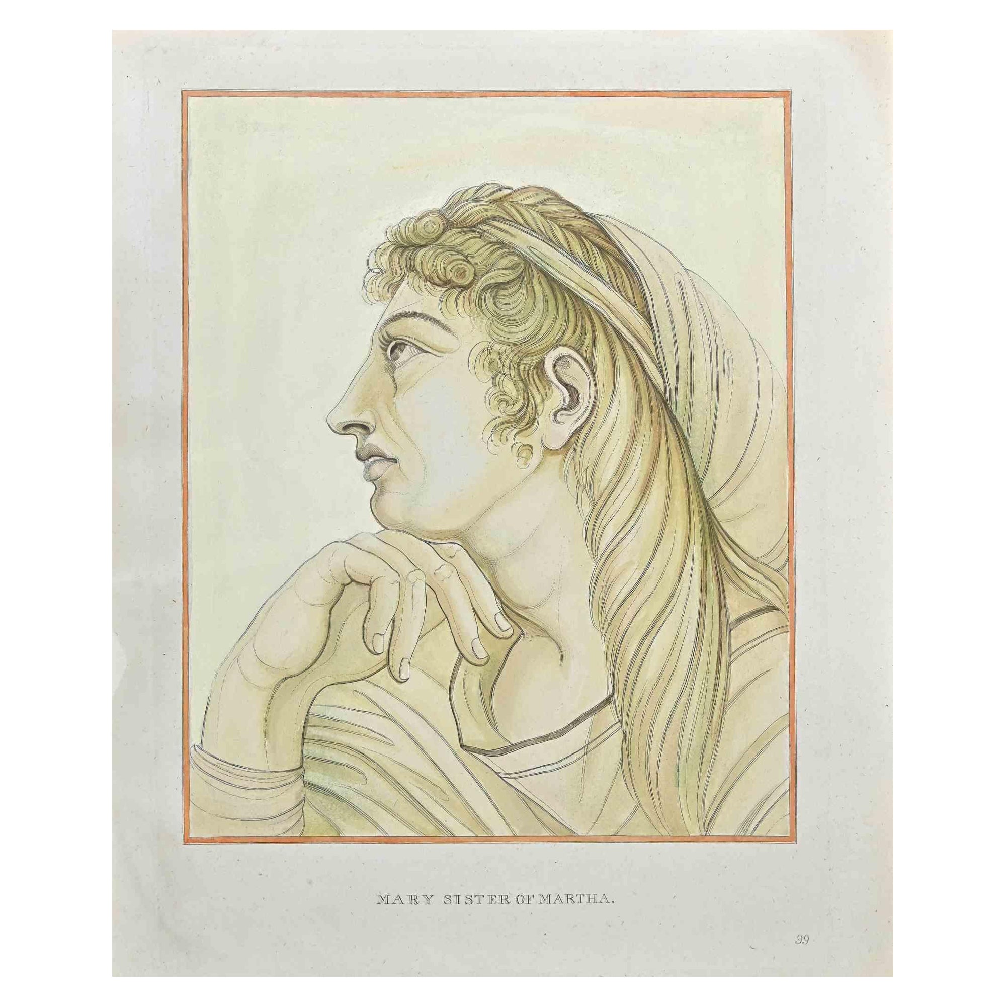 Mary Sister Of Marthais an etching realized by Thomas Holloway for Johann Caspar Lavater's "Essays on Physiognomy, Designed to Promote the Knowledge and the Love of Mankind", London, Bensley, 1810. 

Good conditions.

Johann Caspar Lavater was a